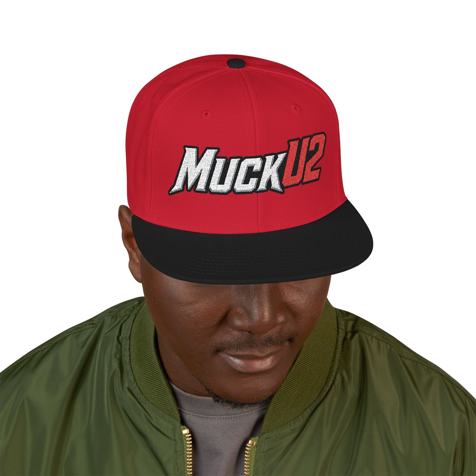 MuckU2 Snapback Poker Cap – White & Red Embroidered Logo
