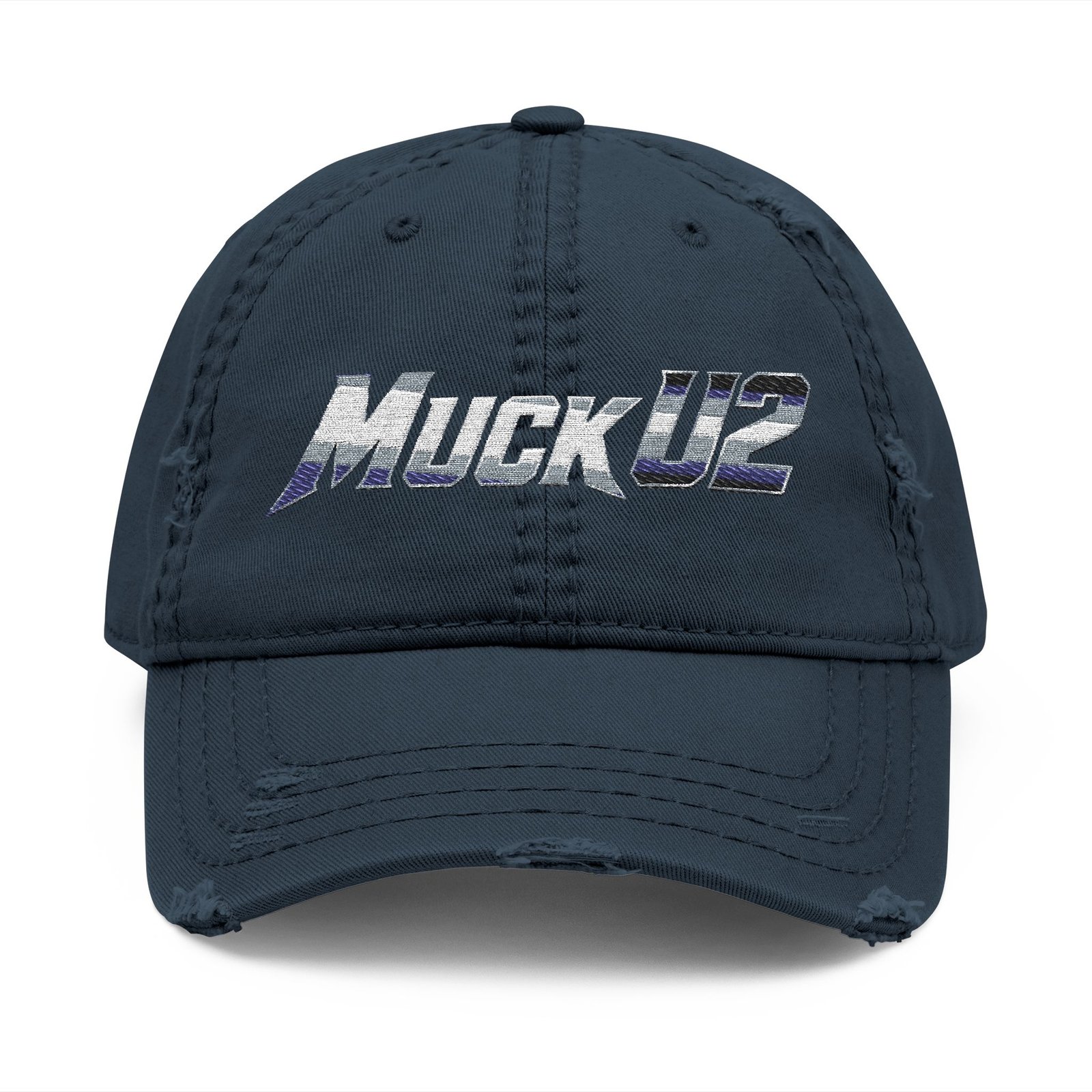 MuckU2 Distressed Dad Hat – Silver & Blue Embroidered Poker Cap