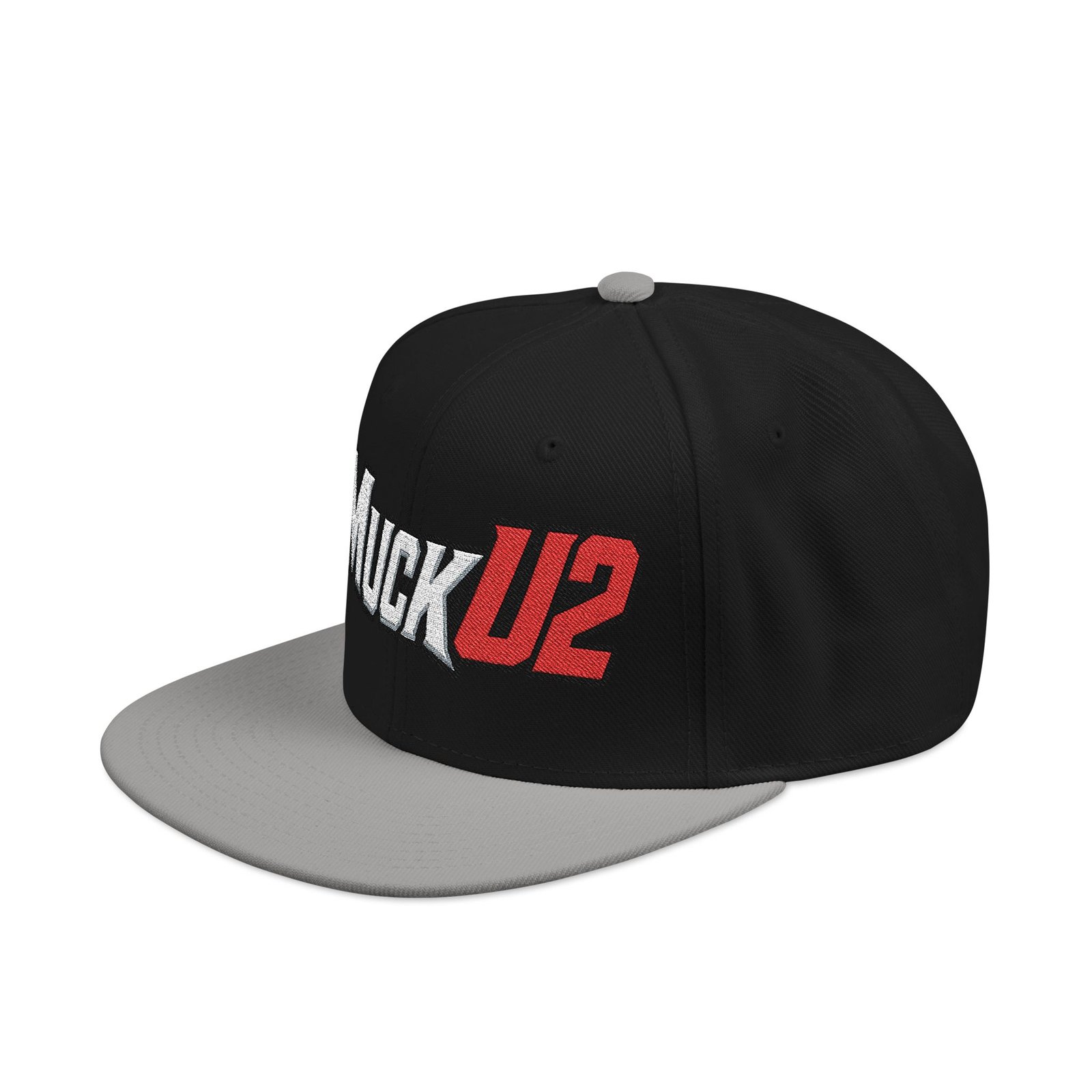MuckU2 Snapback Poker Cap – White & Red Embroidered Logo