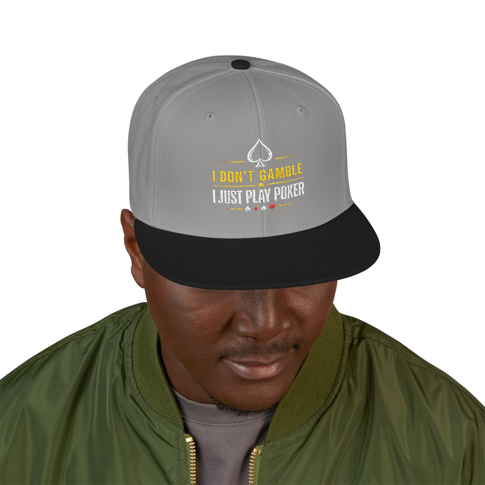 I Don’t Gamble, I Just Play Poker Snapback Cap – Gold & White Logo