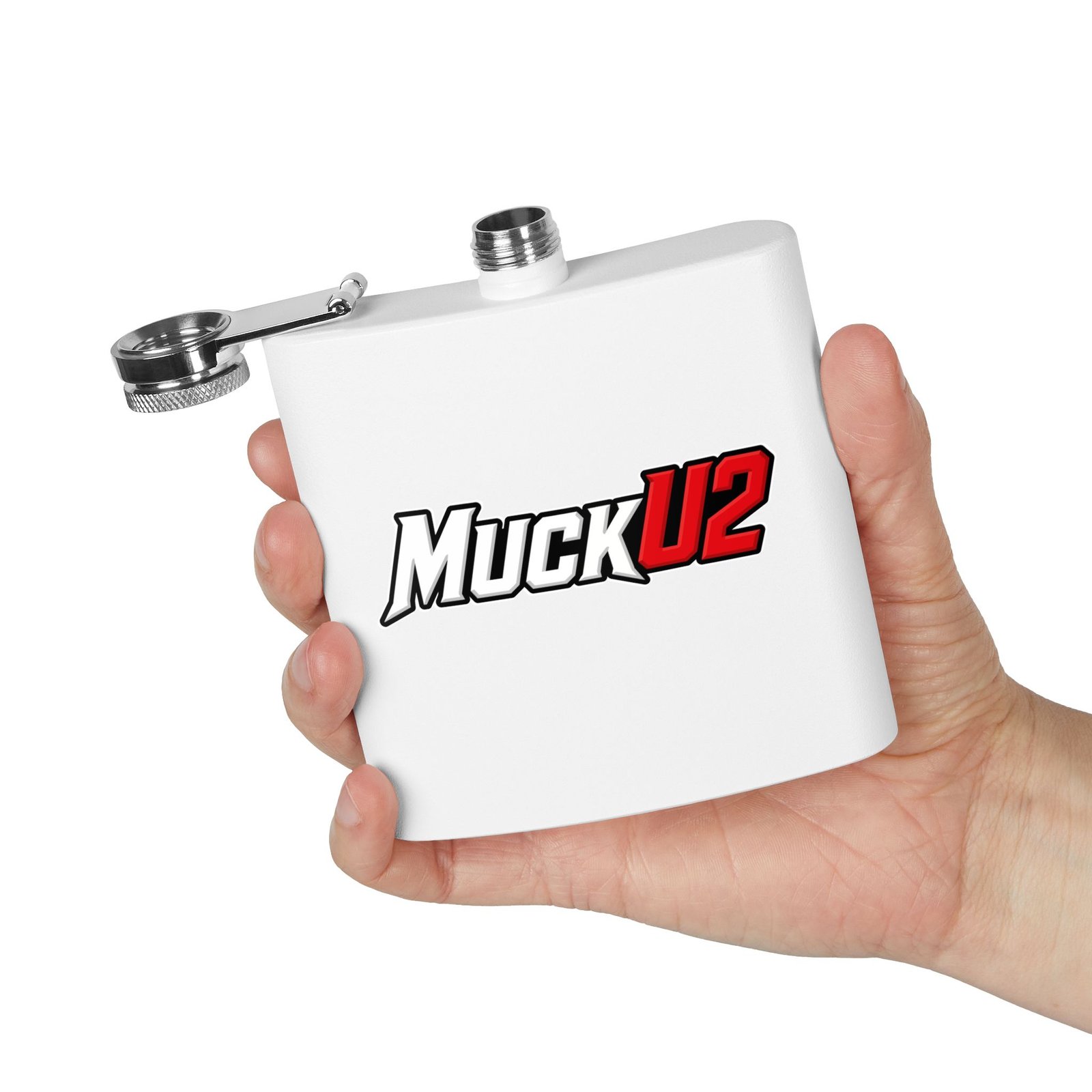 MuckU2 Flask – White & Red Logo Poker Flask