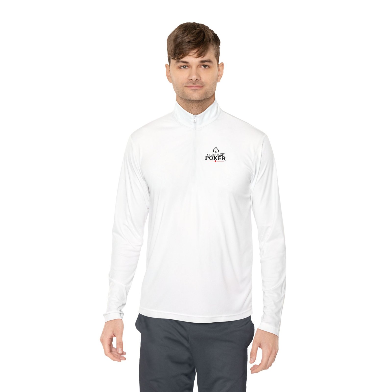 I Just Play Poker Quarter-Zip Pullover – Black & Red Poker Logo