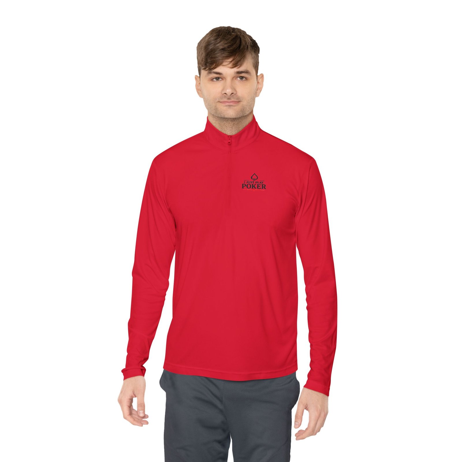 I Just Play Poker Quarter-Zip Pullover – Black & Red Poker Logo