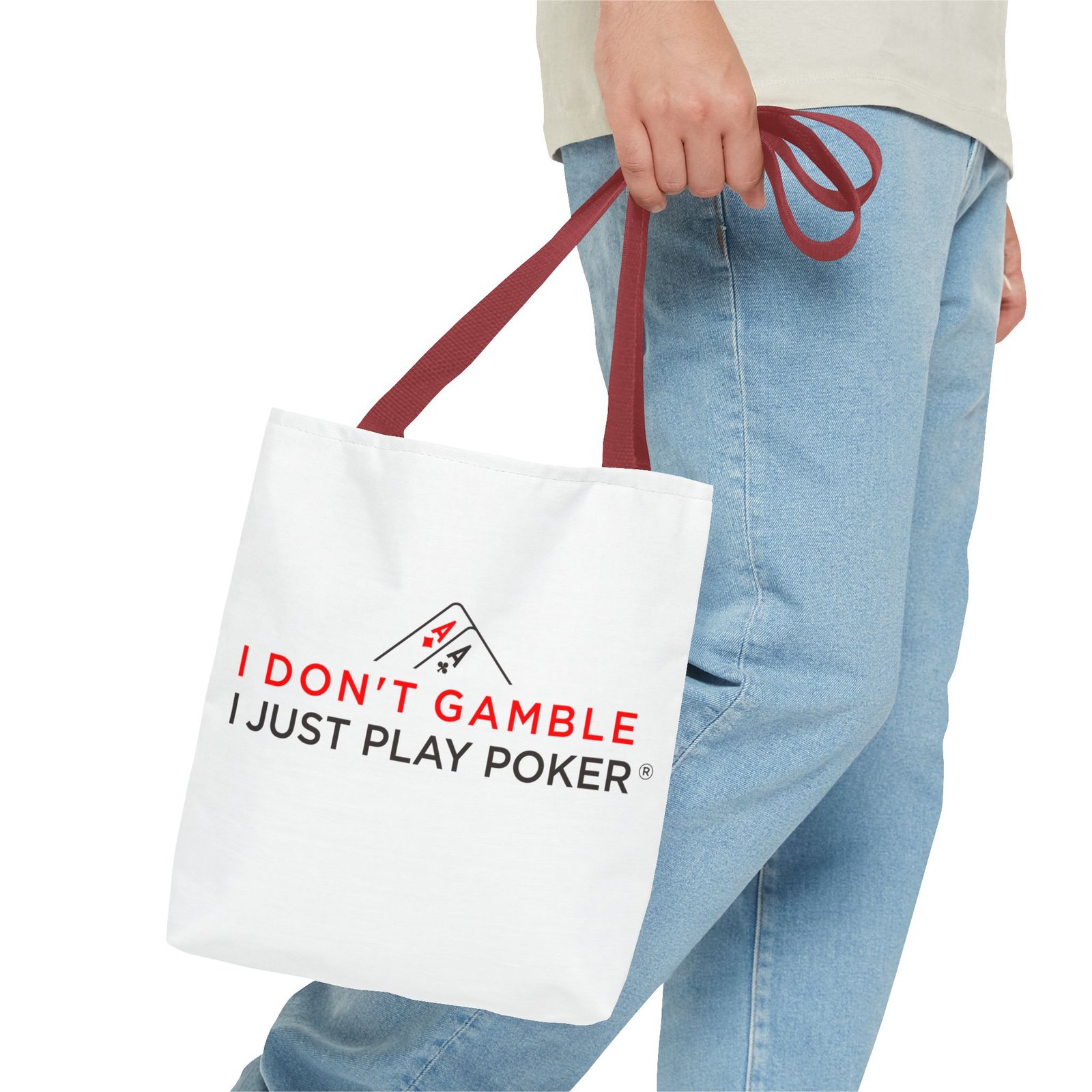 I Don’t Gamble, I Just Play Poker Tote Bag – Red & Black Logo