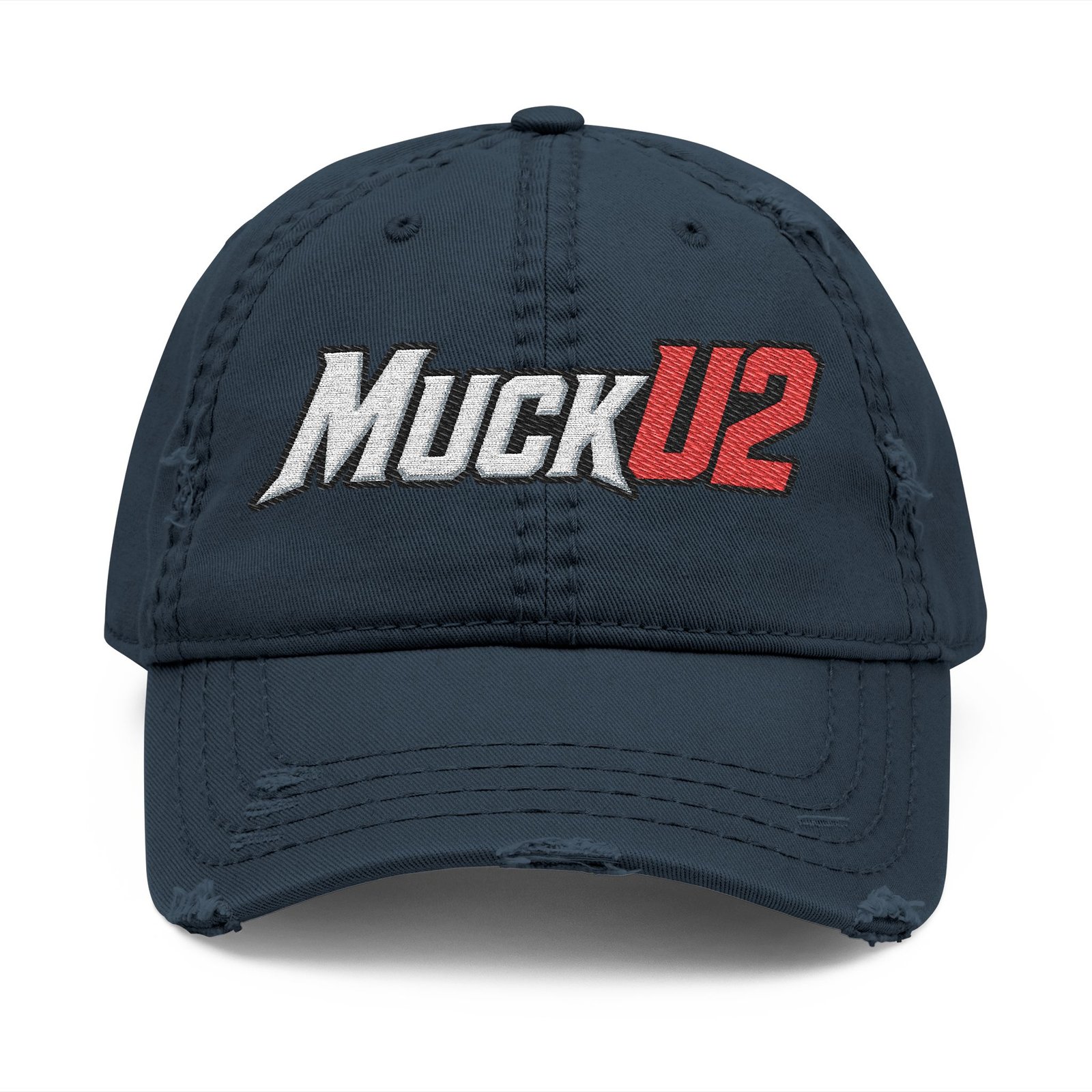 MuckU2 Distressed Dad Hat – White & Red Embroidered Poker Cap