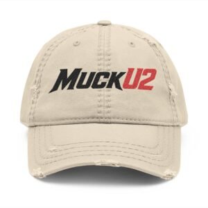 MuckU2 Distressed Dad Hat – Black & Red Embroidered Poker Cap