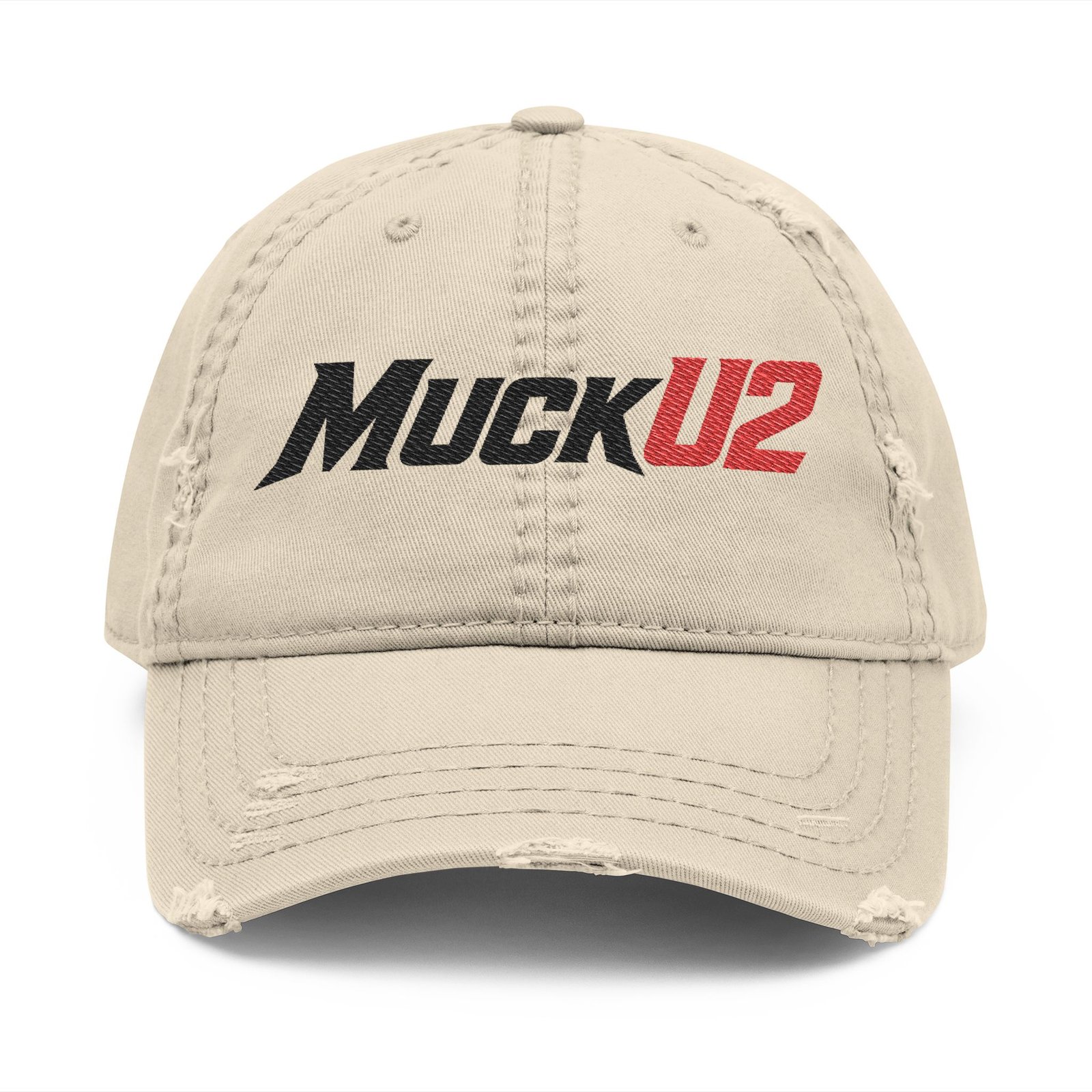 MuckU2 Distressed Dad Hat – Black & Red Embroidered Poker Cap