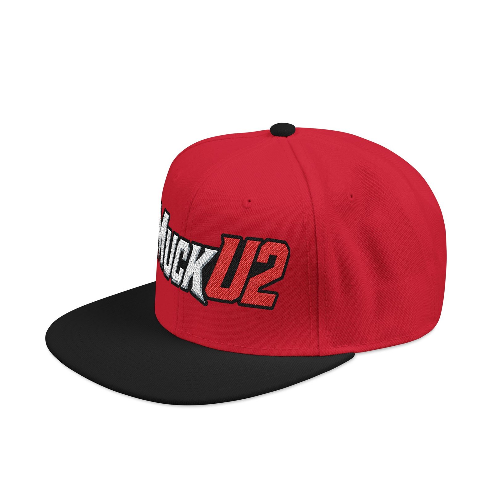 MuckU2 Snapback Poker Cap – White & Red Embroidered Logo
