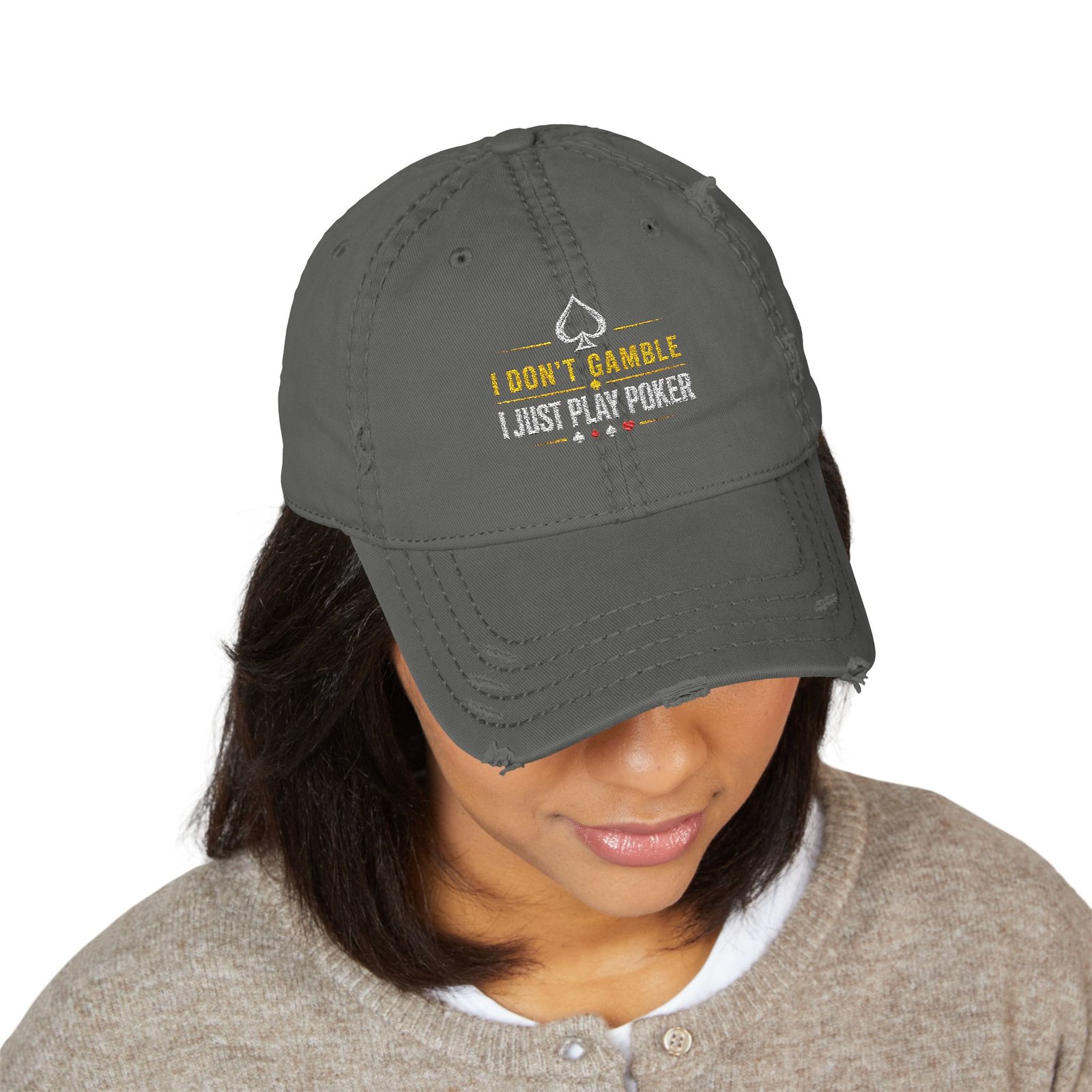 I Don’t Gamble, I Just Play Poker Distressed Dad Hat – Gold & White Poker Logo