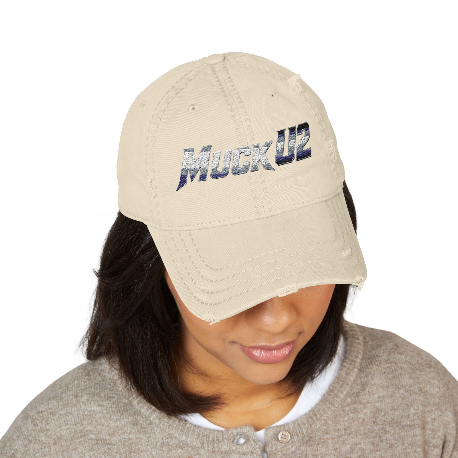 MuckU2 Distressed Dad Hat – Silver & Blue Embroidered Poker Cap