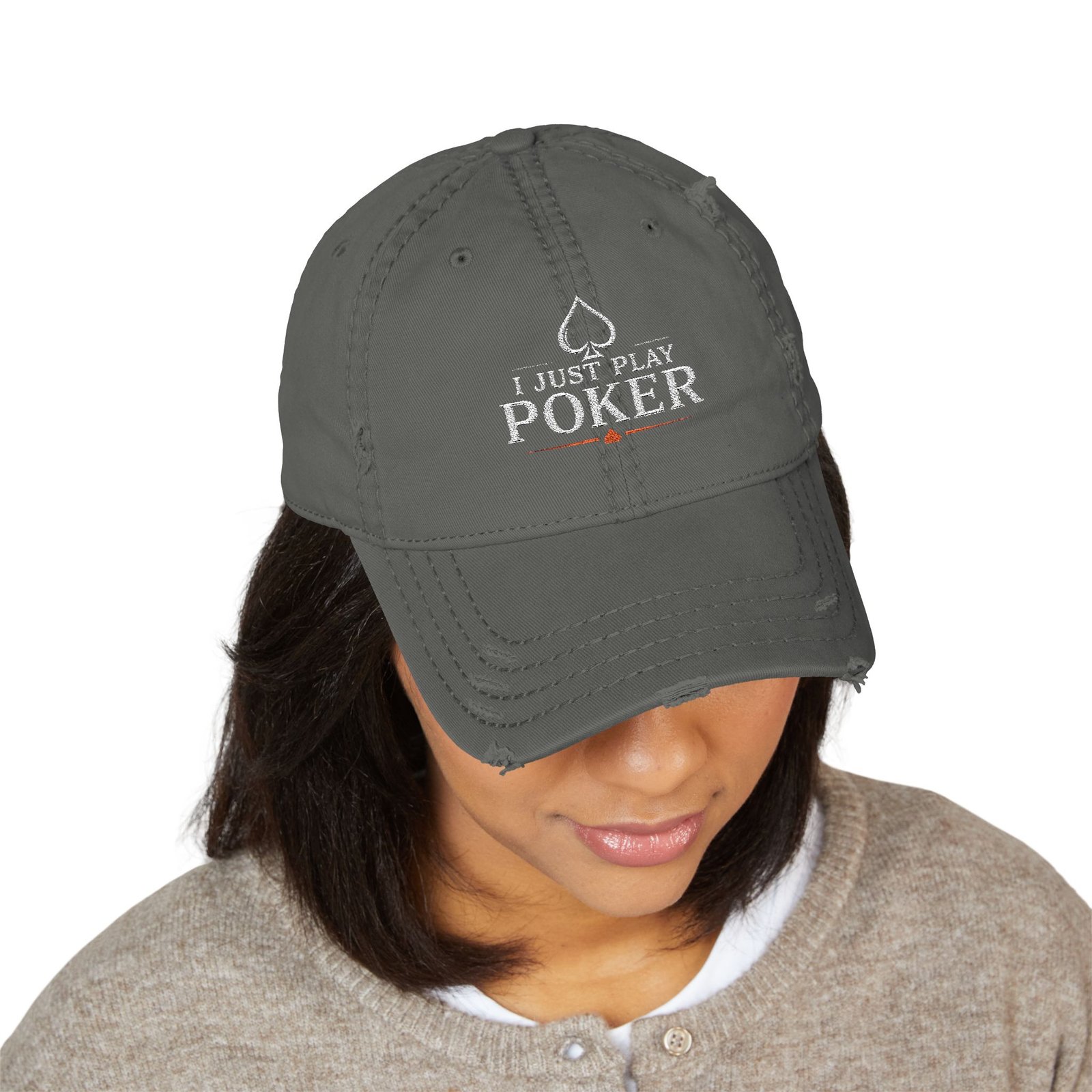 I Just Play Poker Distressed Dad Hat – White & Red Poker Logo