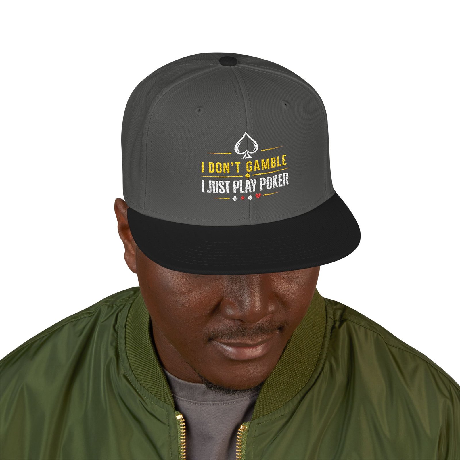 I Don’t Gamble, I Just Play Poker Snapback Cap – Gold & White Logo