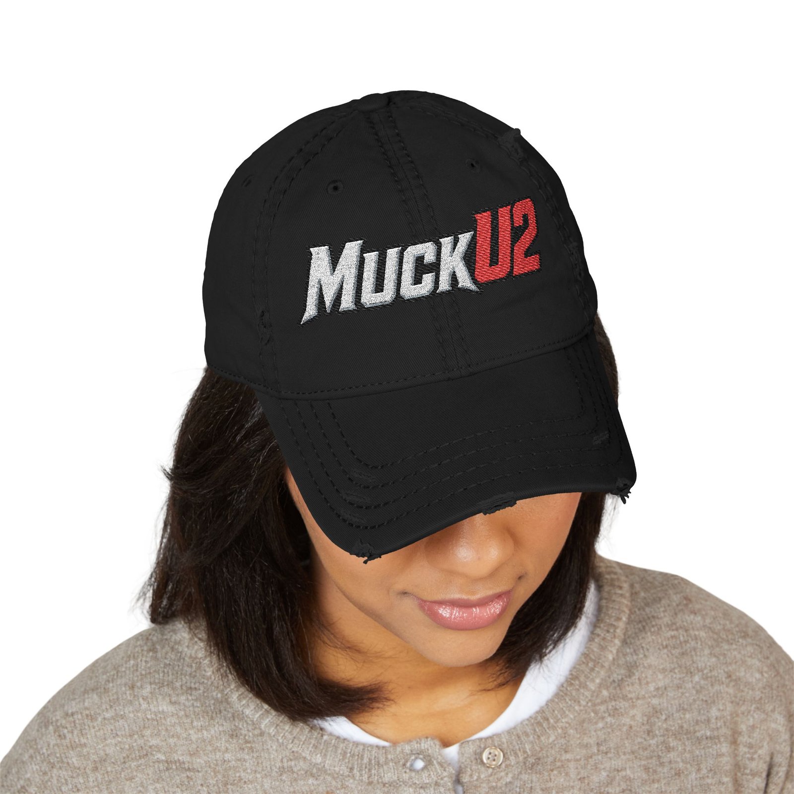 MuckU2 Distressed Dad Hat – White & Red Embroidered Poker Cap