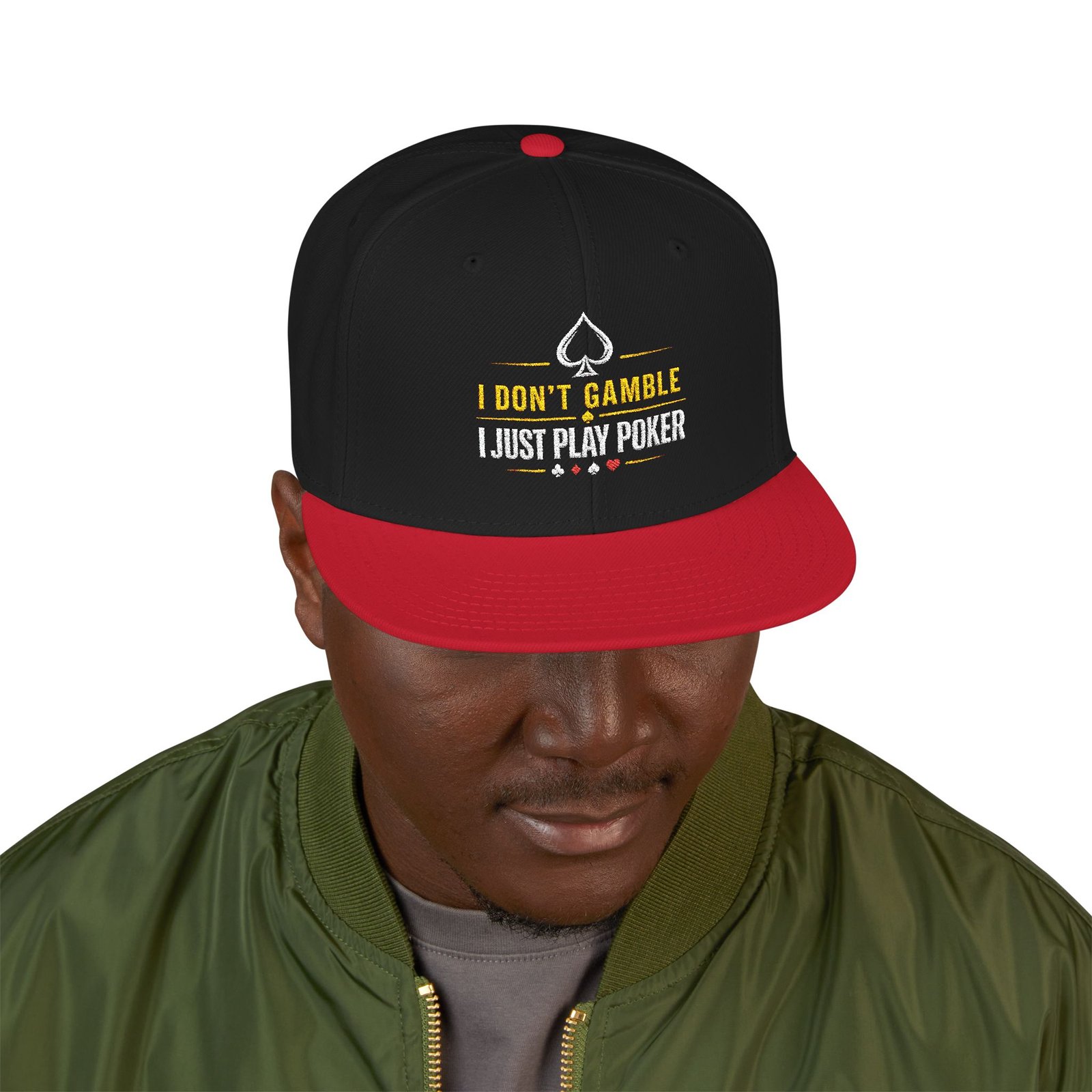 I Don’t Gamble, I Just Play Poker Snapback Cap – Gold & White Logo