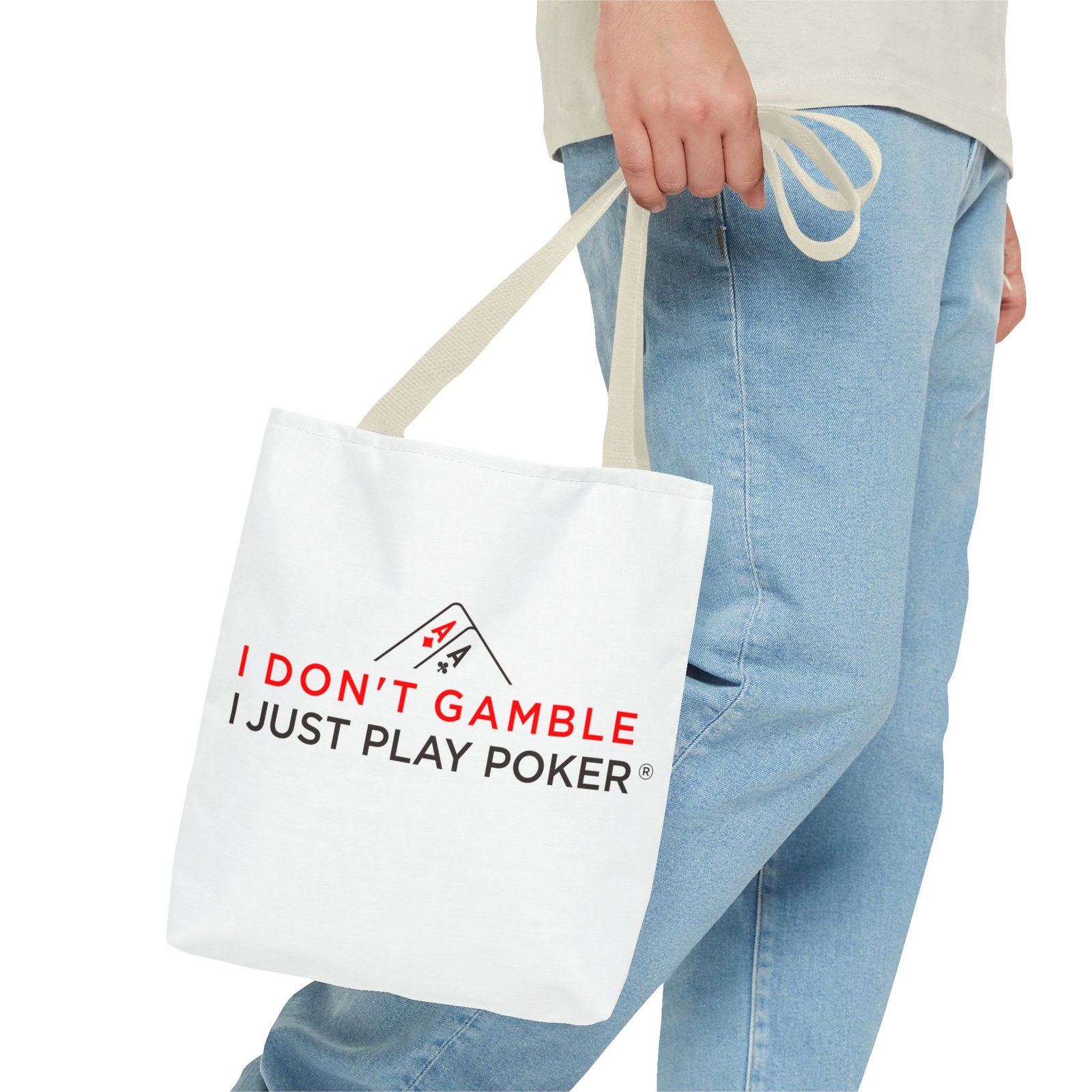 I Don’t Gamble, I Just Play Poker Tote Bag – Red & Black Logo