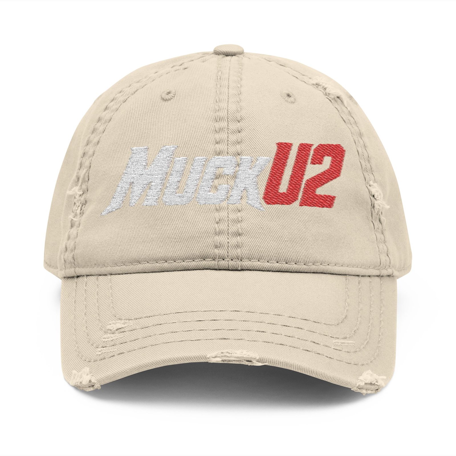 MuckU2 Distressed Dad Hat – White & Red Embroidered Poker Cap