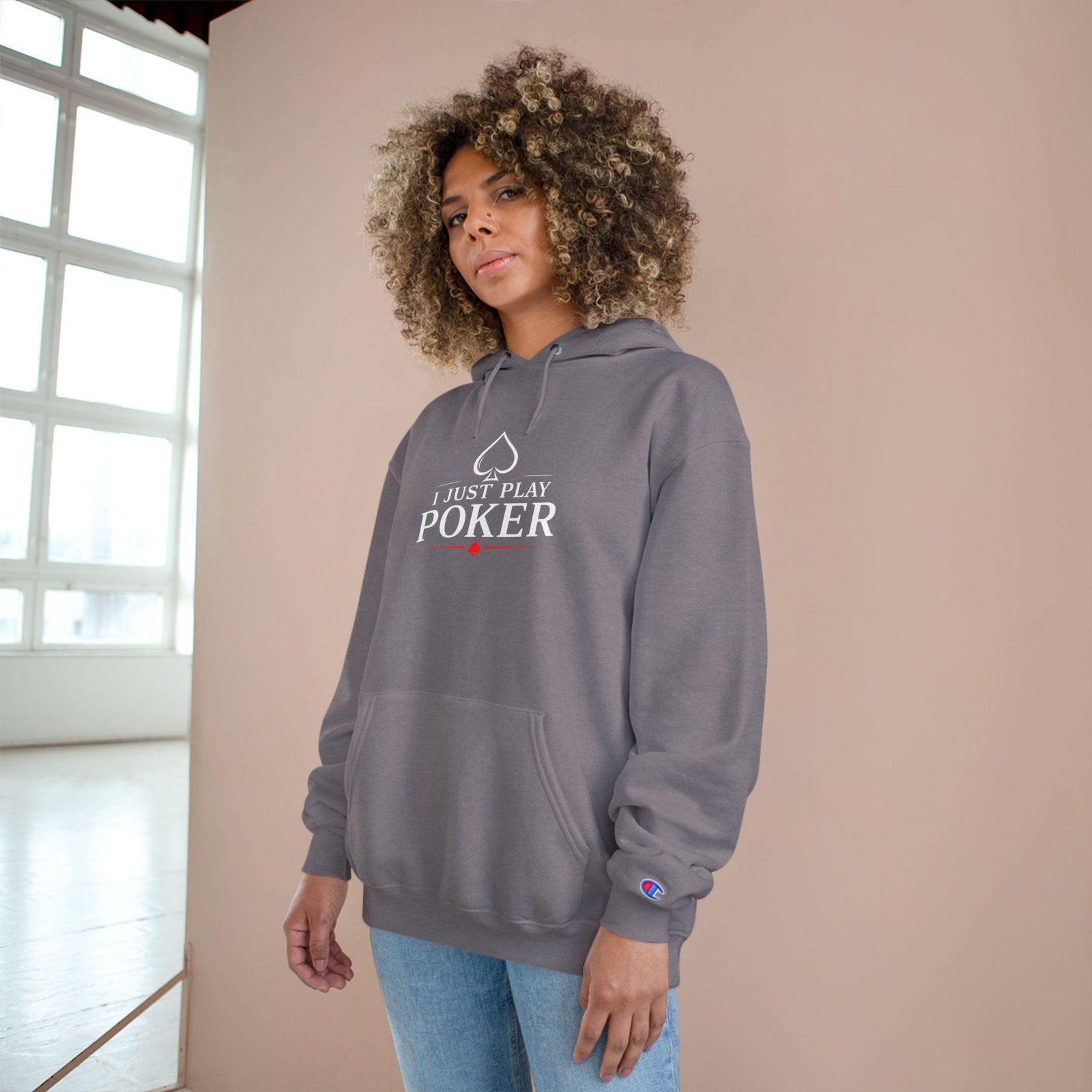 I Just Play Poker Hoodie – White & Red Poker Logo