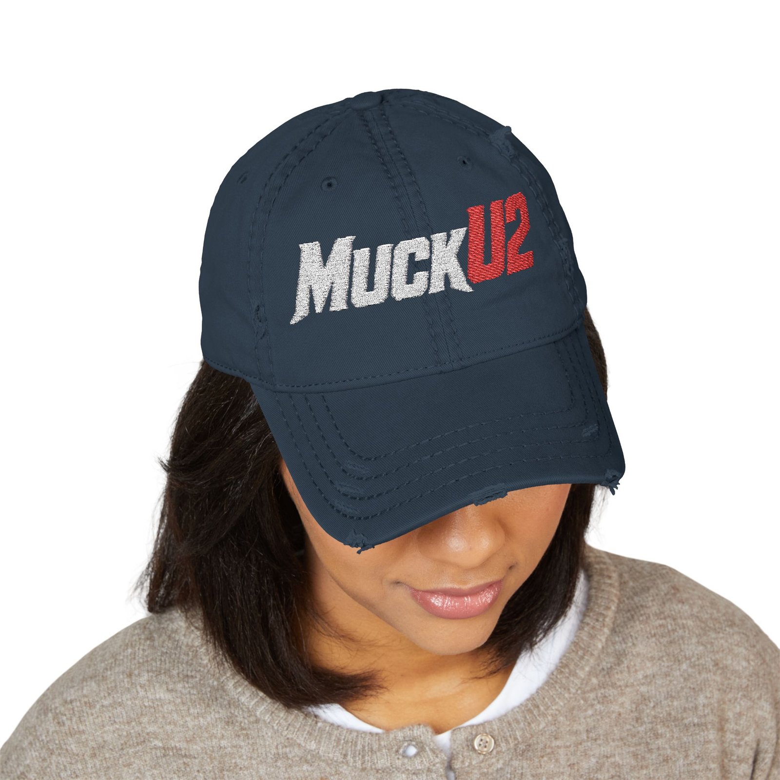 MuckU2 Distressed Dad Hat – White & Red Embroidered Poker Cap