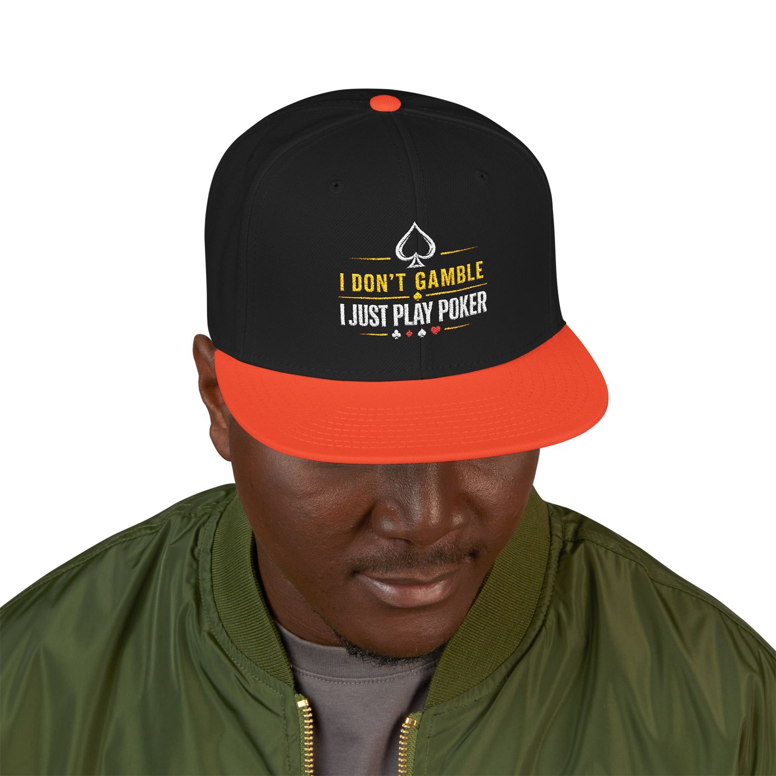 I Don’t Gamble, I Just Play Poker Snapback Cap – Gold & White Logo