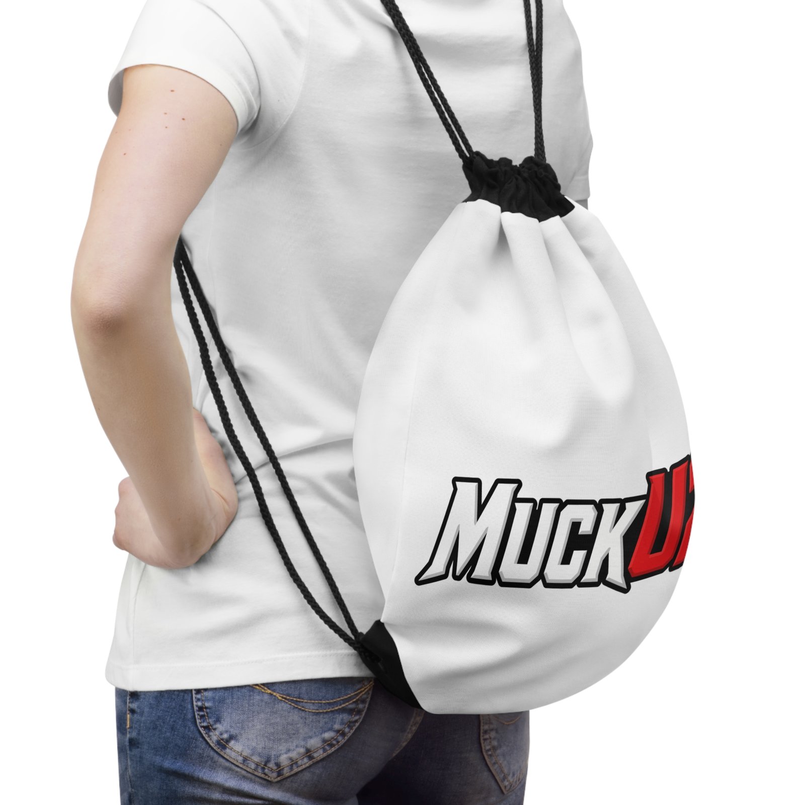 MuckU2 Drawstring Bag – White & Red Logo Poker Gym Bag