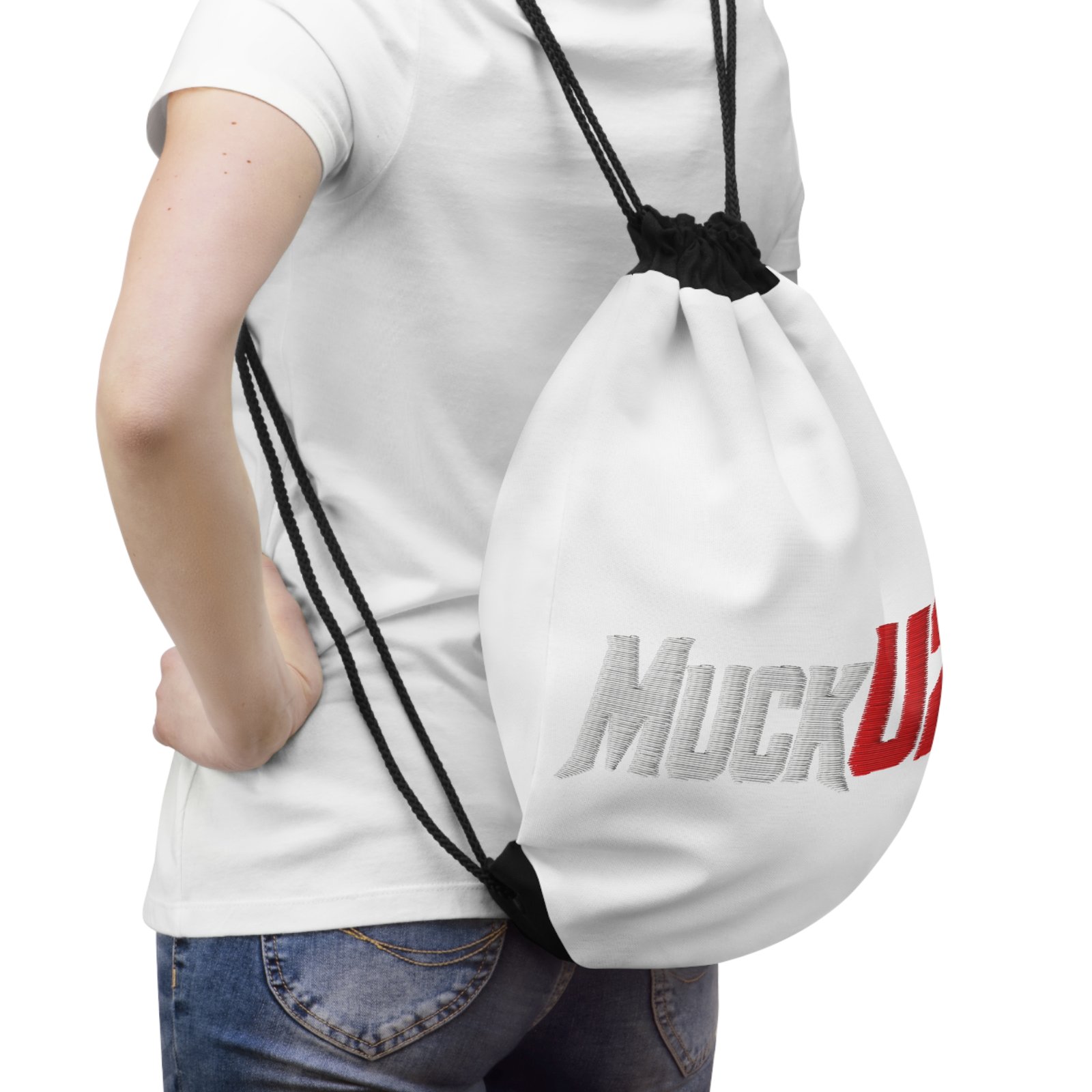 MuckU2 Drawstring Bag – White & Red Logo Poker Gym Bag