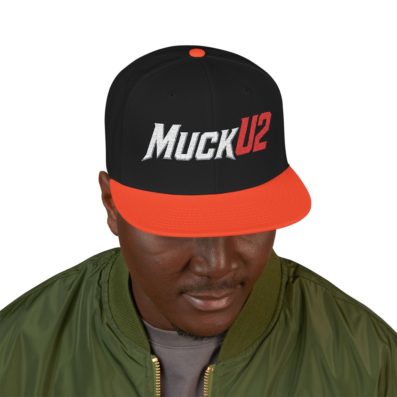 MuckU2 Snapback Poker Cap – White & Red Embroidered Logo