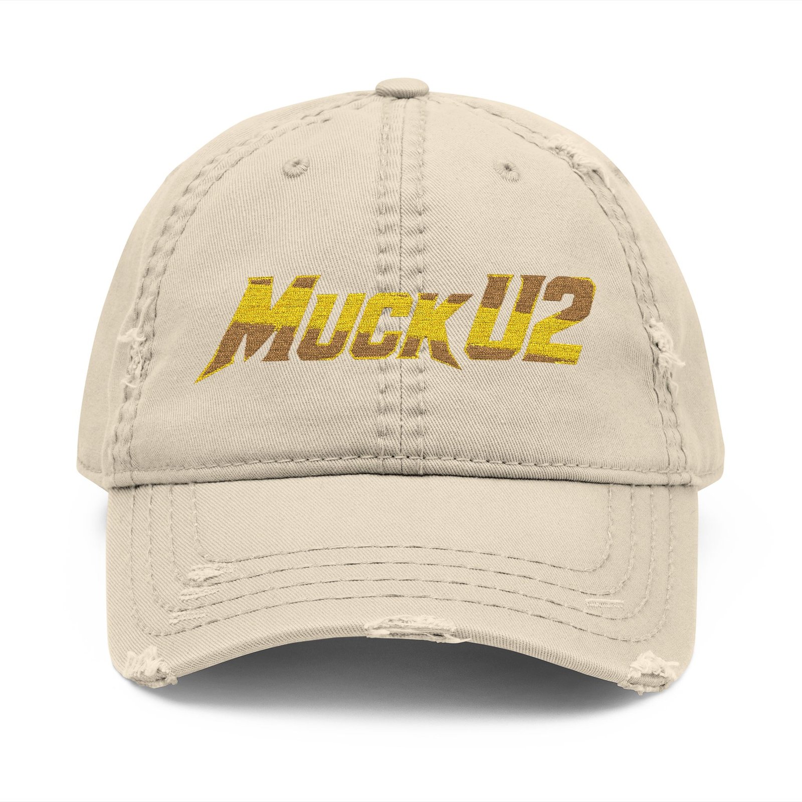 MuckU2 Distressed Dad Hat – Gold Embroidered Poker Cap