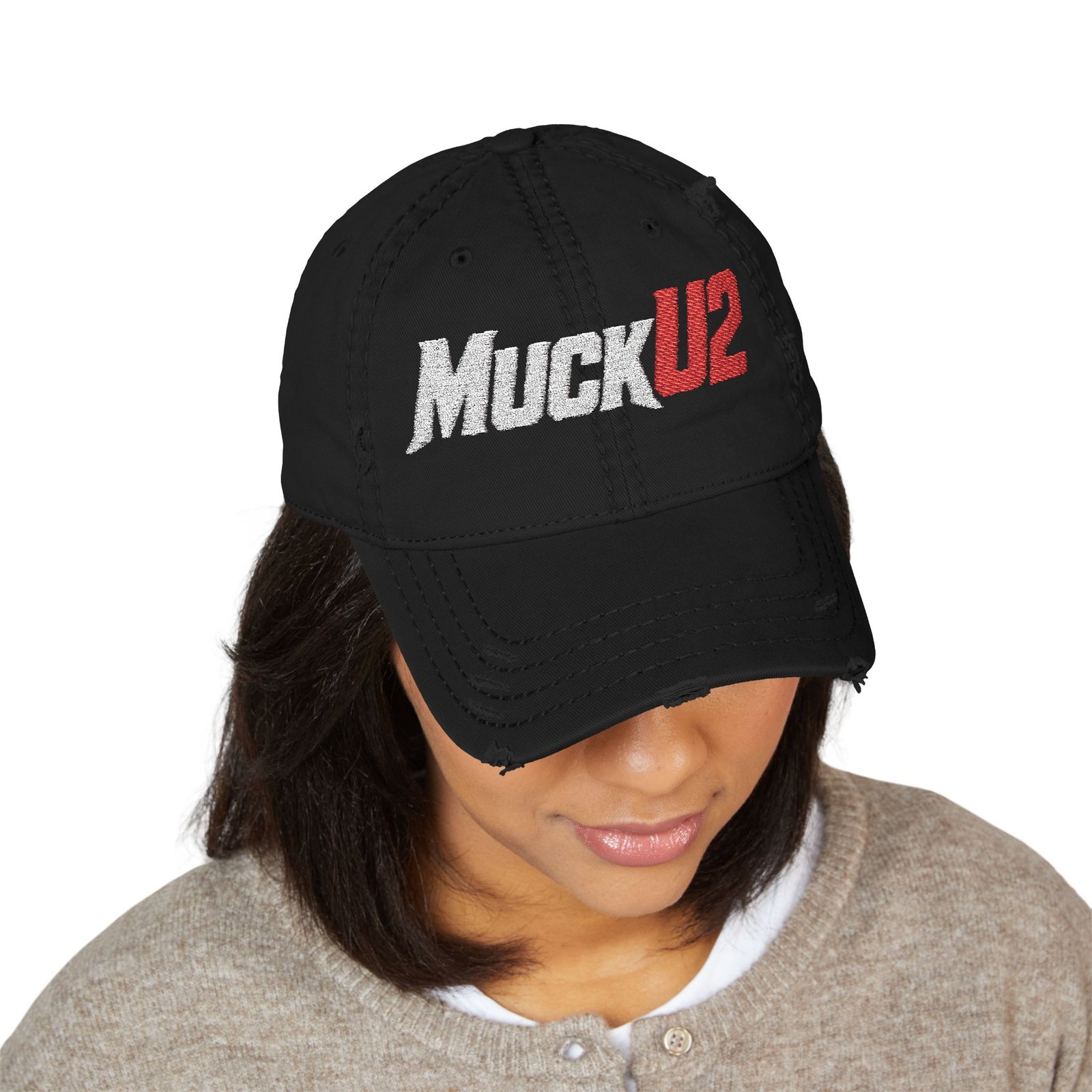 MuckU2 Distressed Dad Hat – White & Red Embroidered Poker Cap