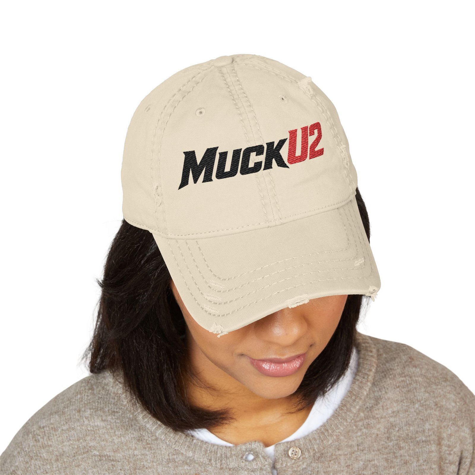 MuckU2 Distressed Dad Hat – Black & Red Embroidered Poker Cap