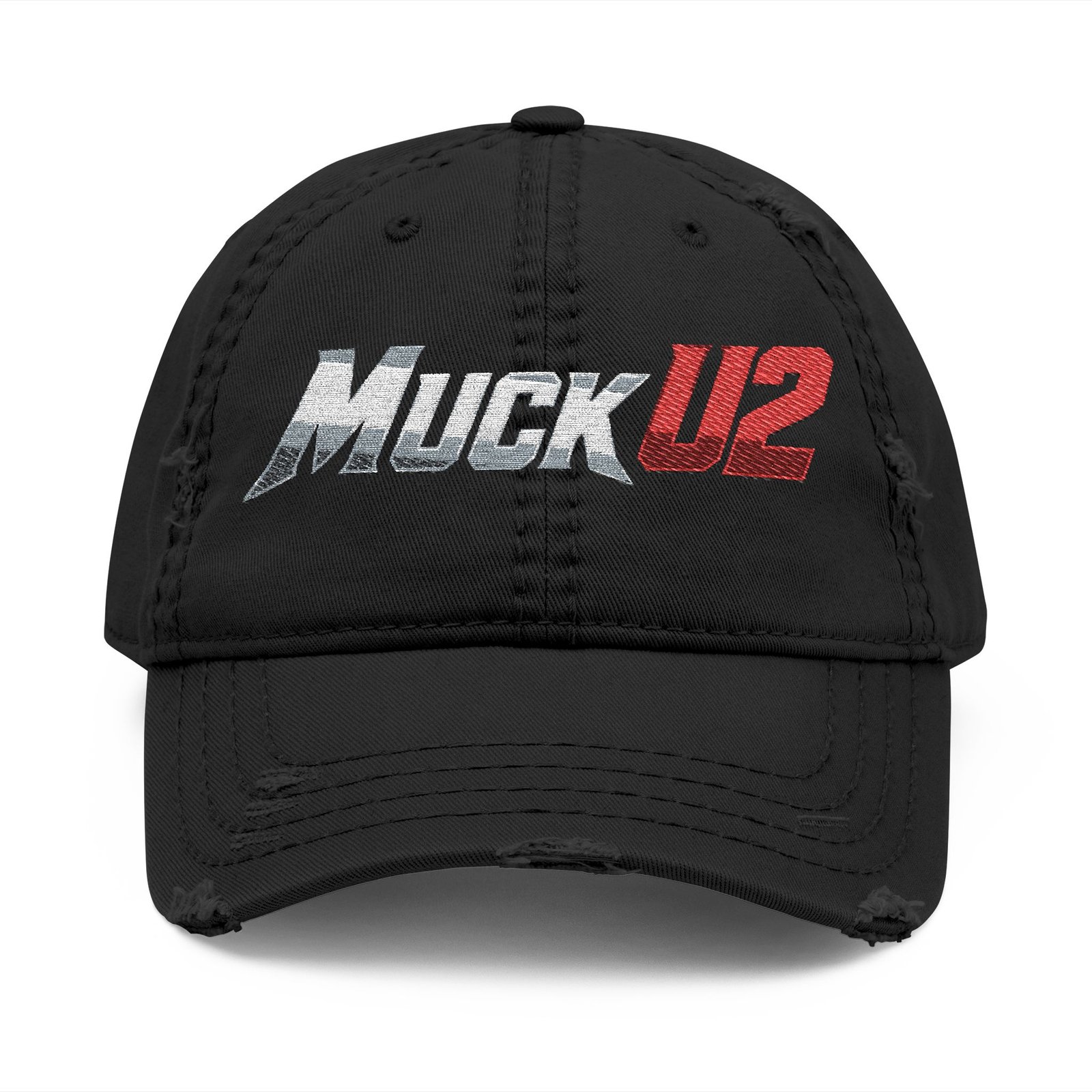 MuckU2 Distressed Dad Hat – Silver & Red Logo