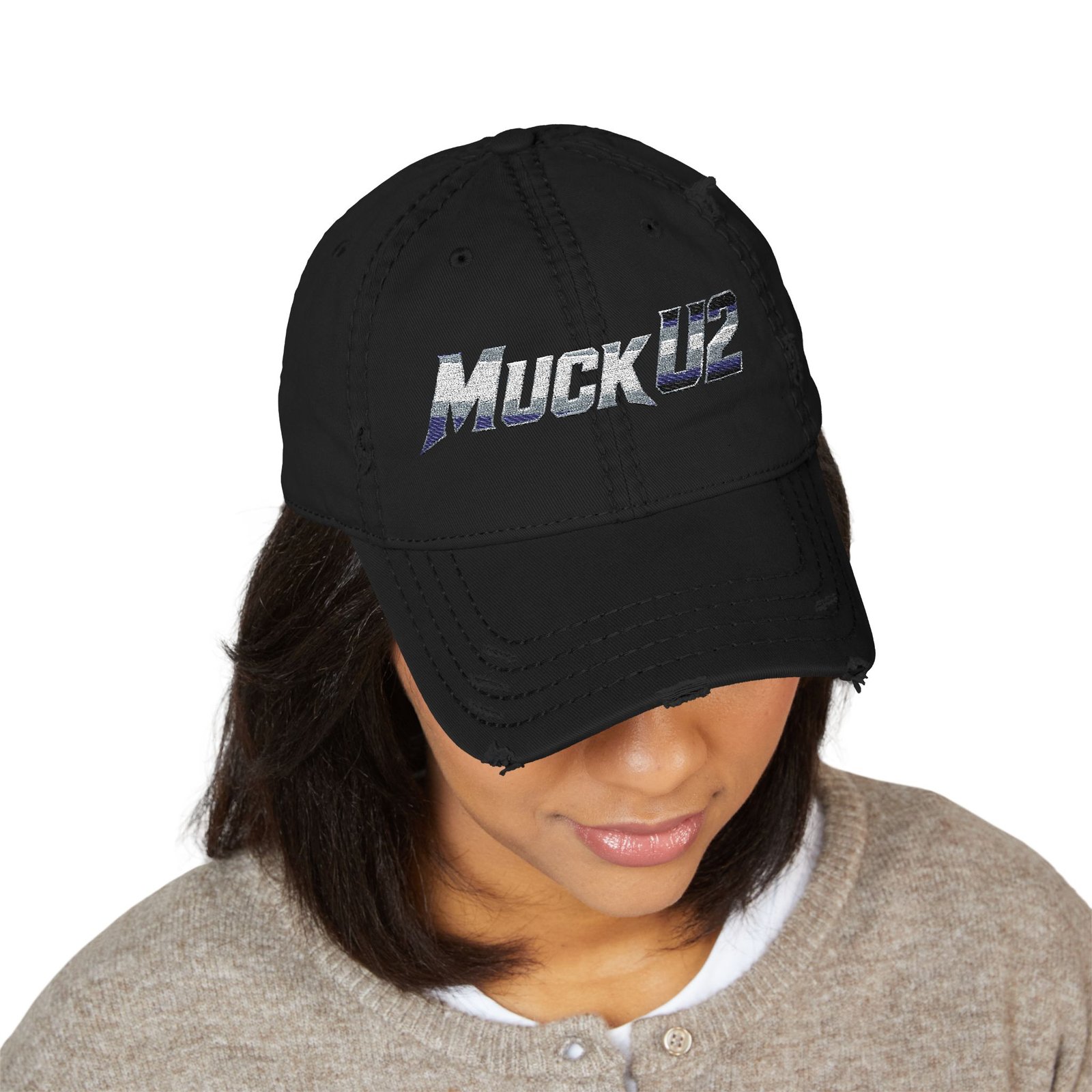 MuckU2 Distressed Dad Hat – Silver & Blue Embroidered Poker Cap