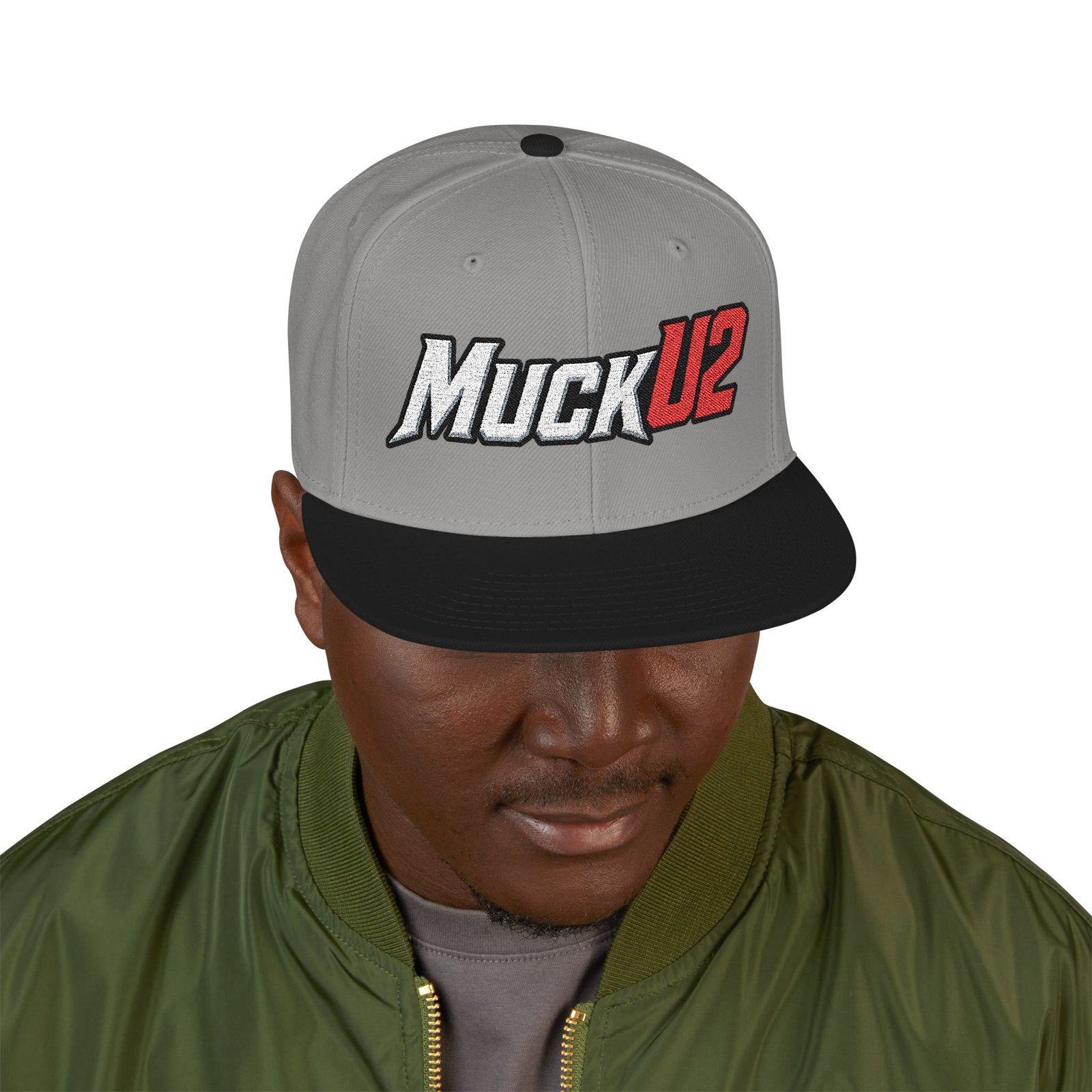 MuckU2 Snapback Poker Cap – White & Red Embroidered Logo