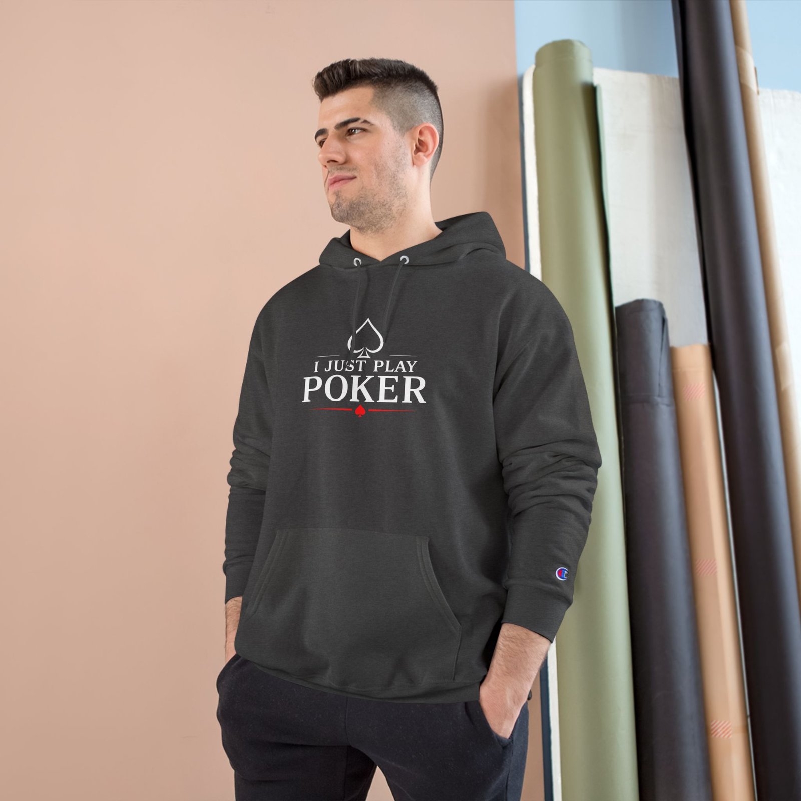 I Just Play Poker Hoodie – White & Red Poker Logo