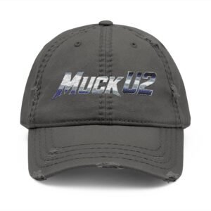 MuckU2 Distressed Dad Hat – Silver & Blue Embroidered Poker Cap