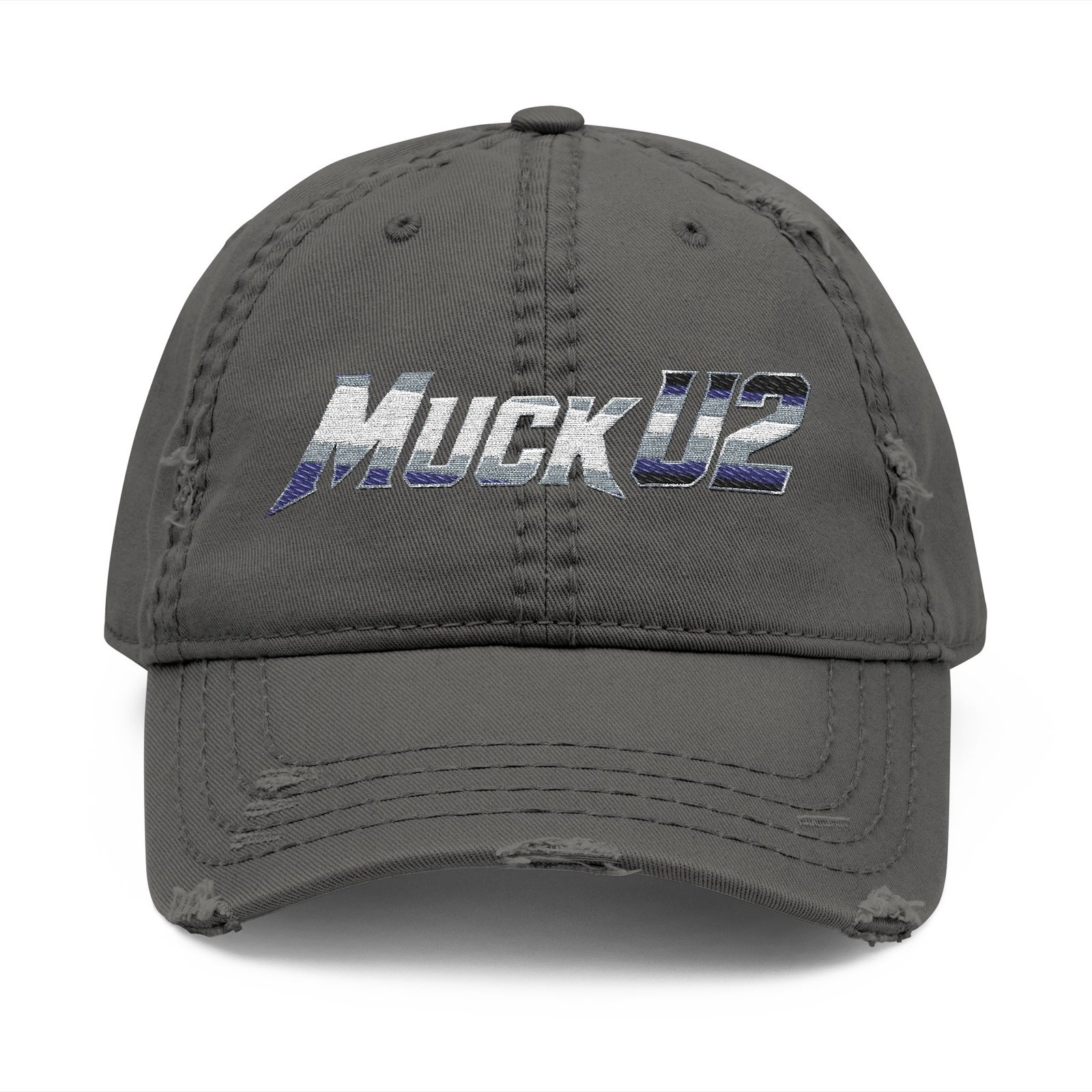 MuckU2 Distressed Dad Hat – Silver & Blue Embroidered Poker Cap