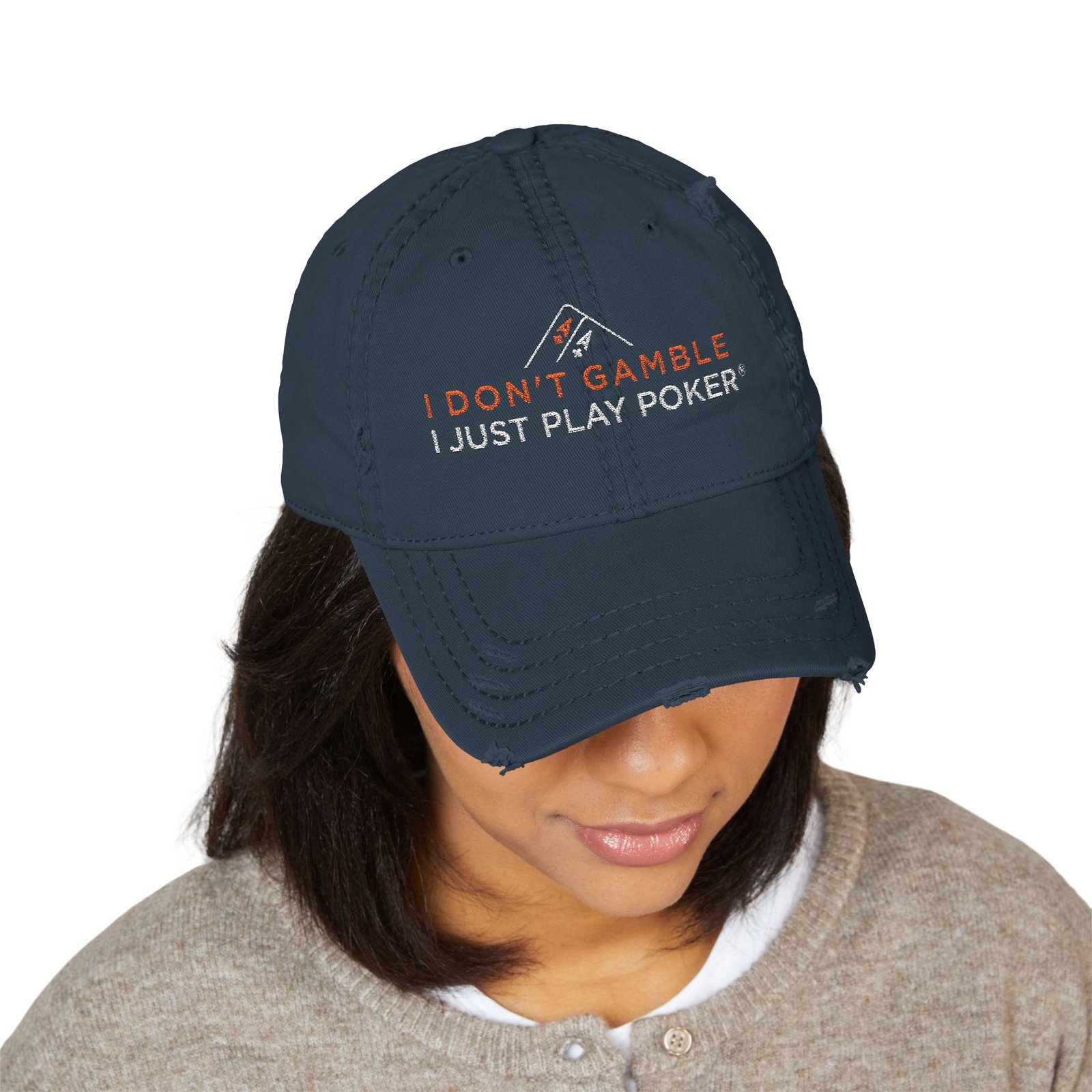 I Don’t Gamble, I Just Play Poker Distressed Dad Hat – Red & White Poker Logo