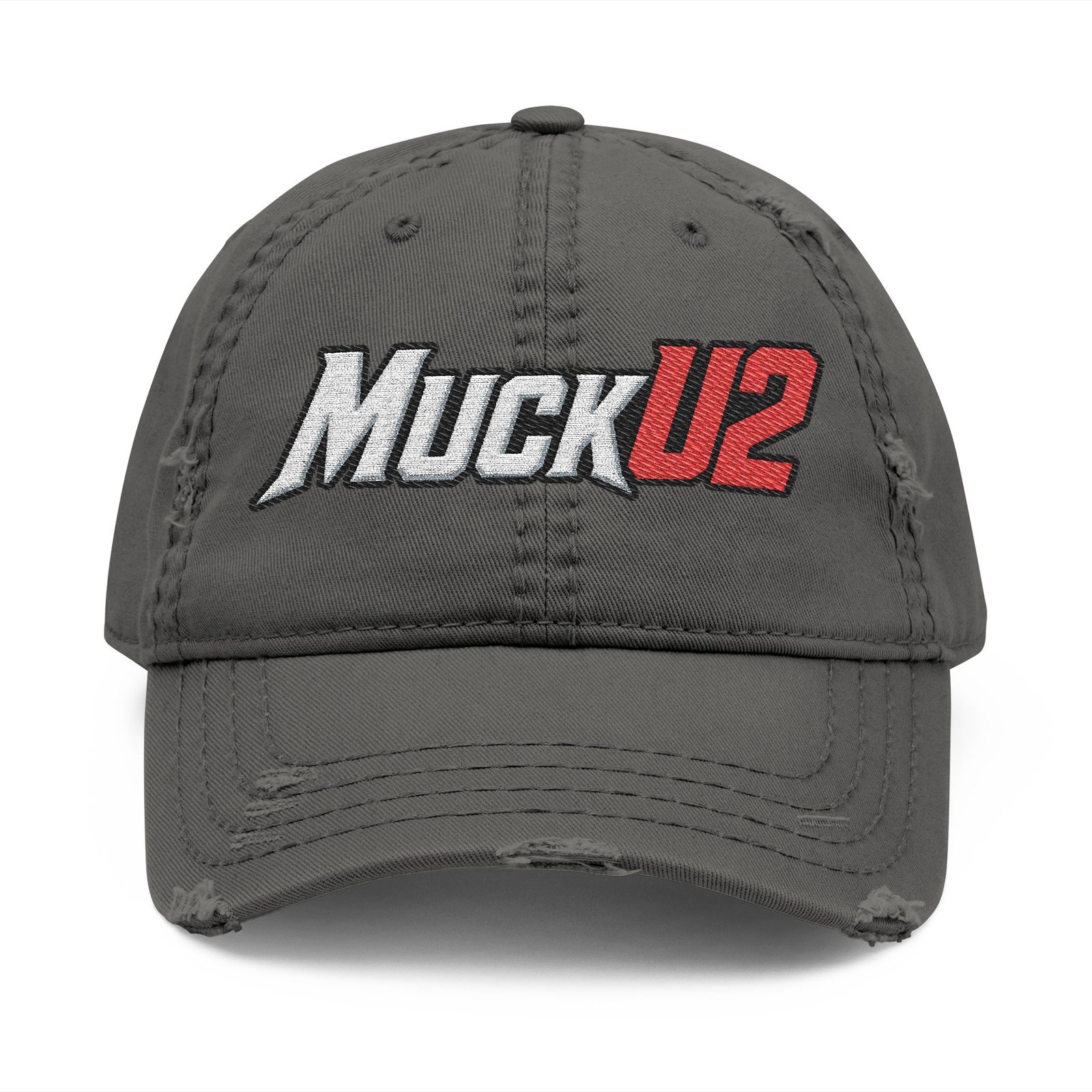 MuckU2 Distressed Dad Hat – White & Red Embroidered Poker Cap