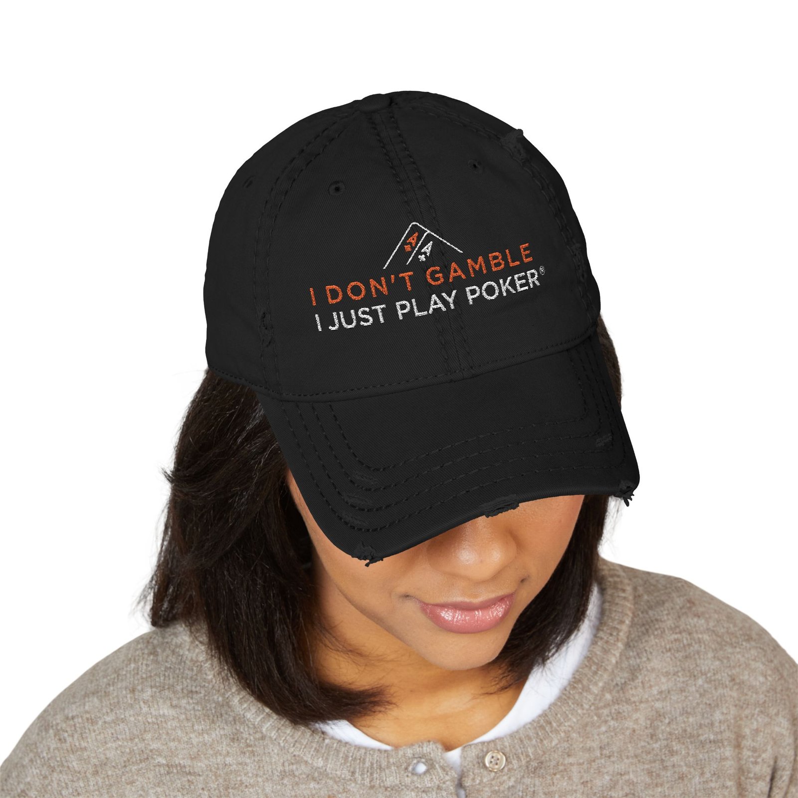 I Don’t Gamble, I Just Play Poker Distressed Dad Hat – Red & White Poker Logo