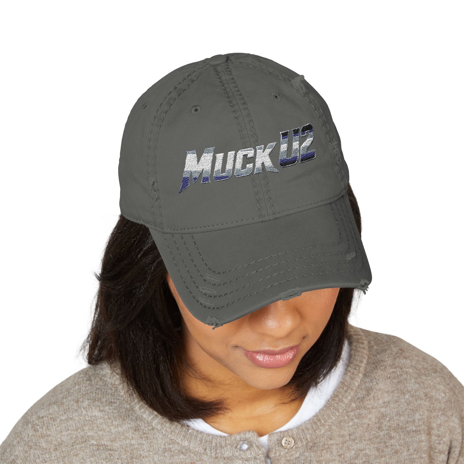 MuckU2 Distressed Dad Hat – Silver & Blue Embroidered Poker Cap