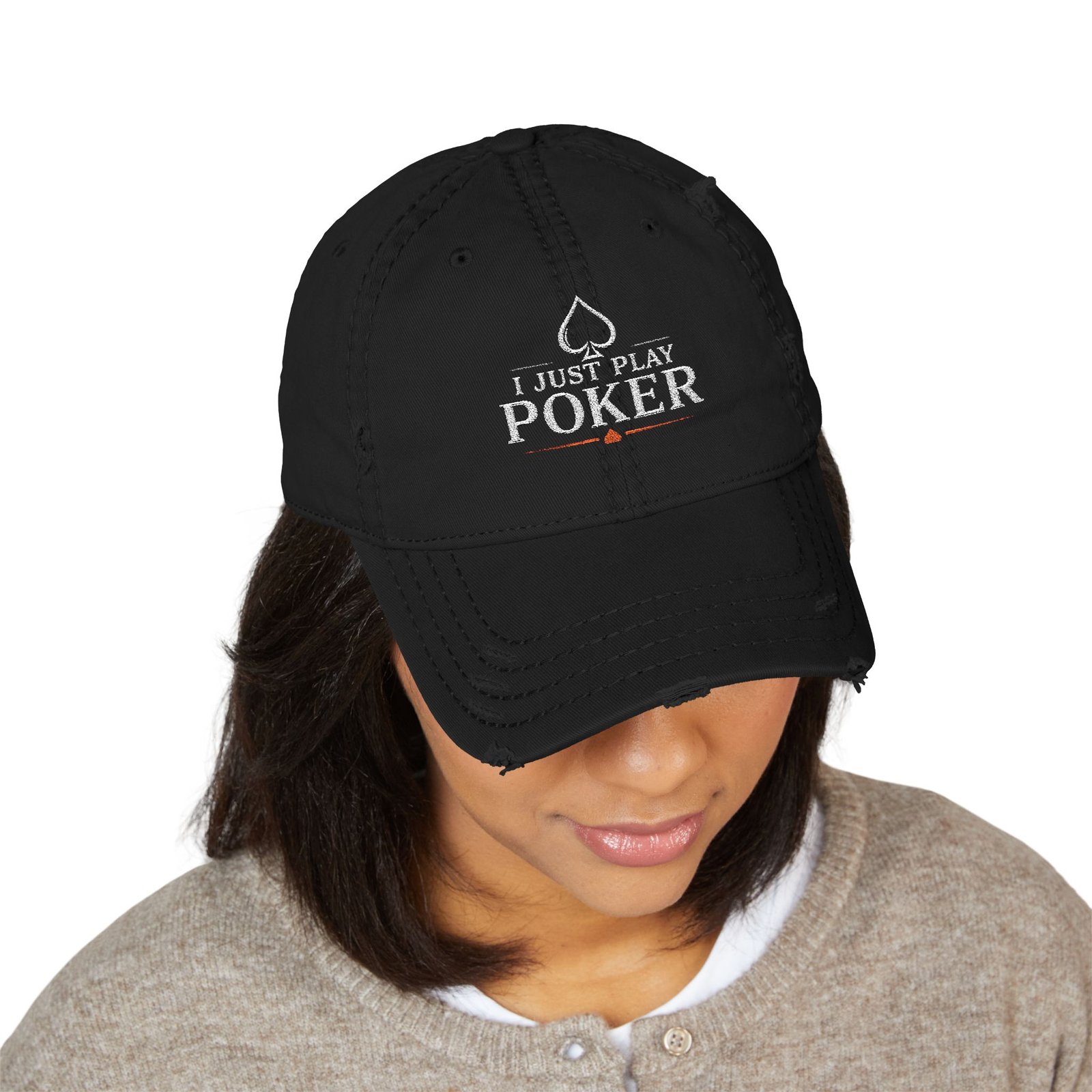 I Just Play Poker Distressed Dad Hat – White & Red Poker Logo