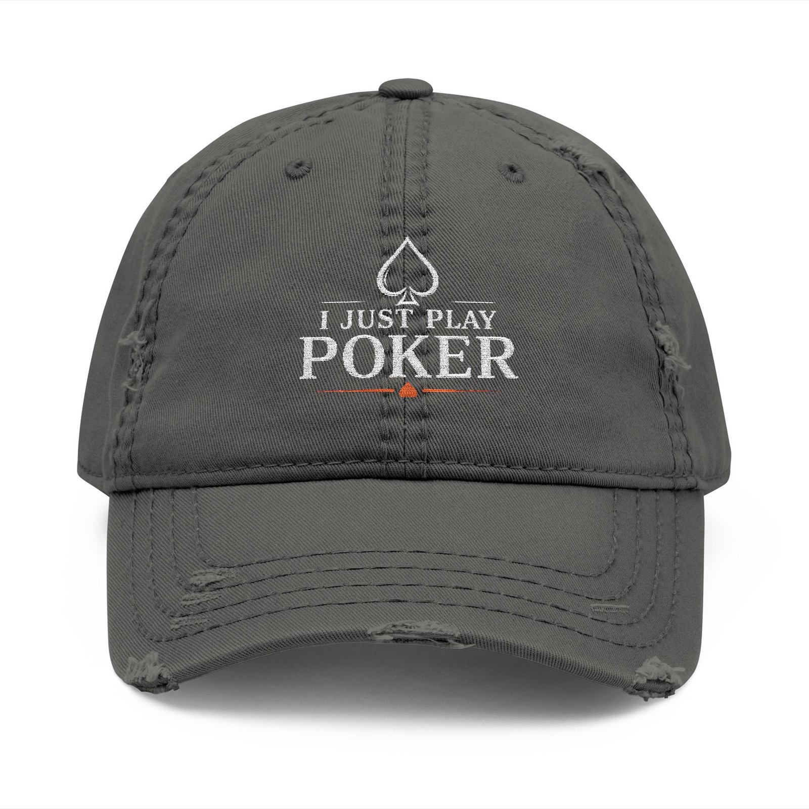 I Just Play Poker Distressed Dad Hat – White & Red Poker Logo