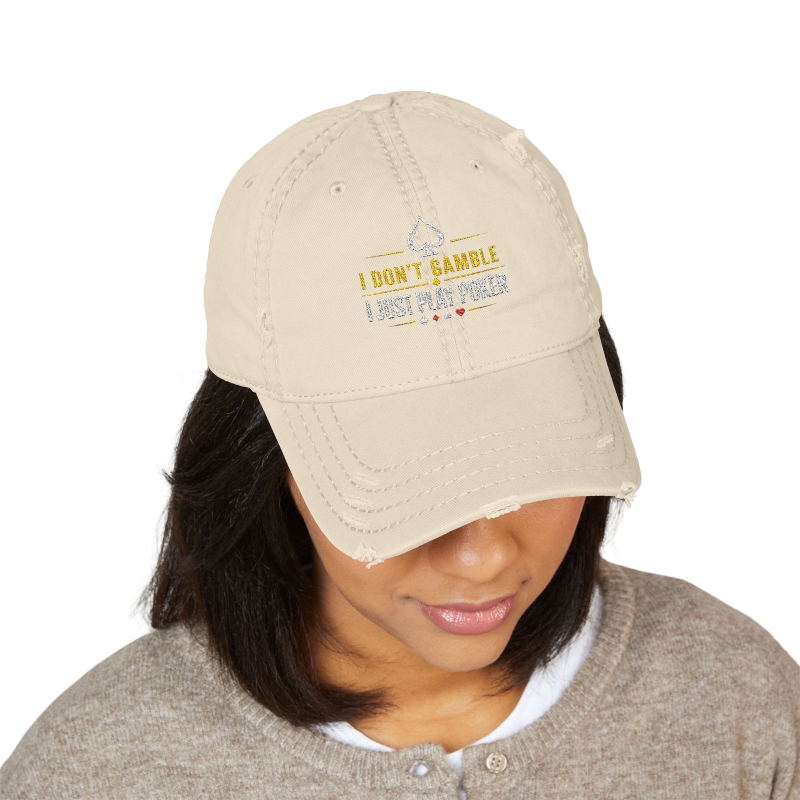 I Don’t Gamble, I Just Play Poker Distressed Dad Hat – Gold & White Poker Logo