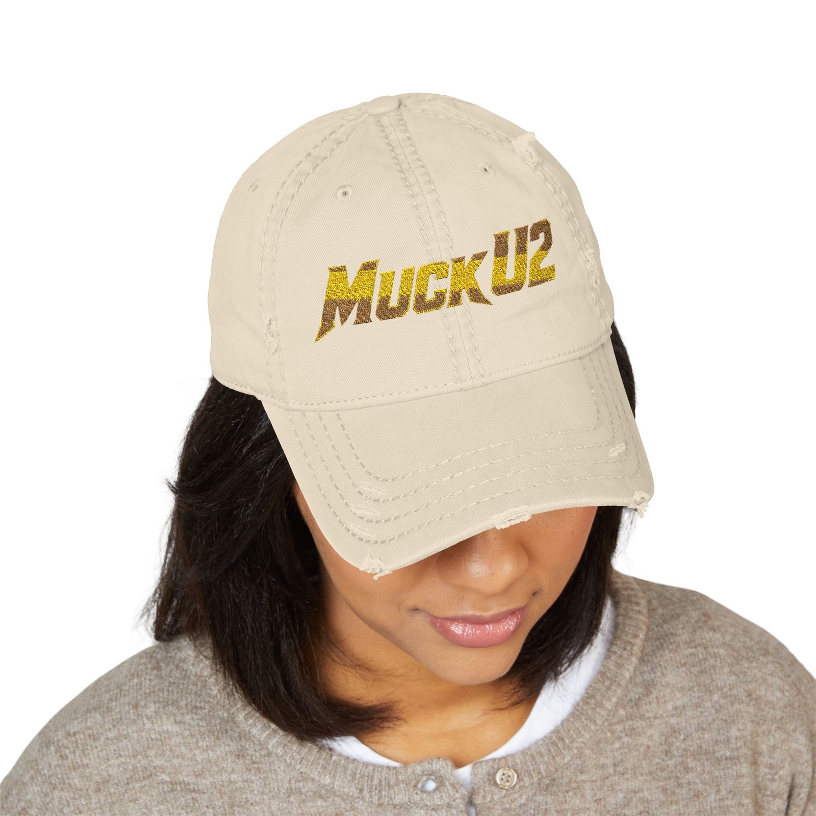 MuckU2 Distressed Dad Hat – Gold Embroidered Poker Cap
