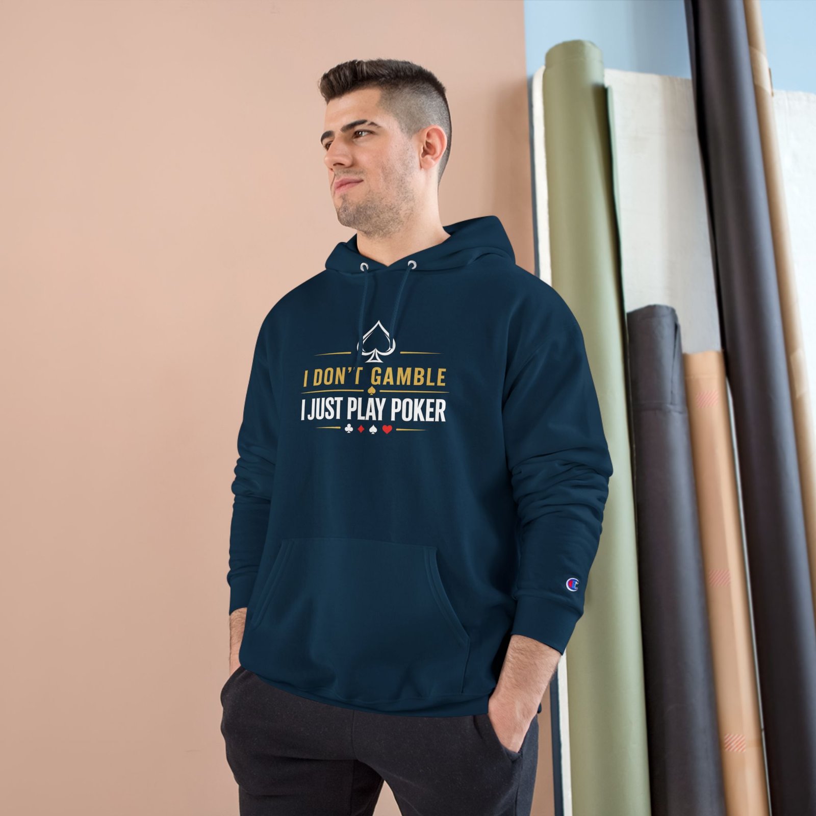 I Don’t Gamble, I Just Play Poker Hoodie – Gold & White Poker Logo