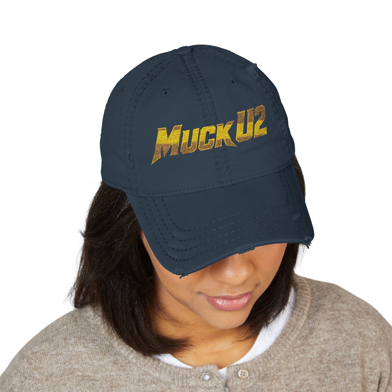 MuckU2 Distressed Dad Hat – Gold Embroidered Poker Cap