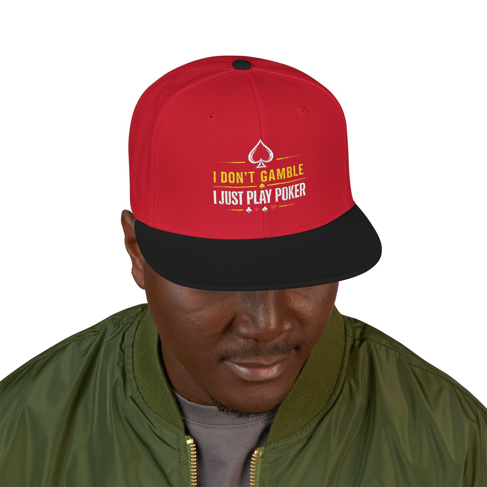 I Don’t Gamble, I Just Play Poker Snapback Cap – Gold & White Logo