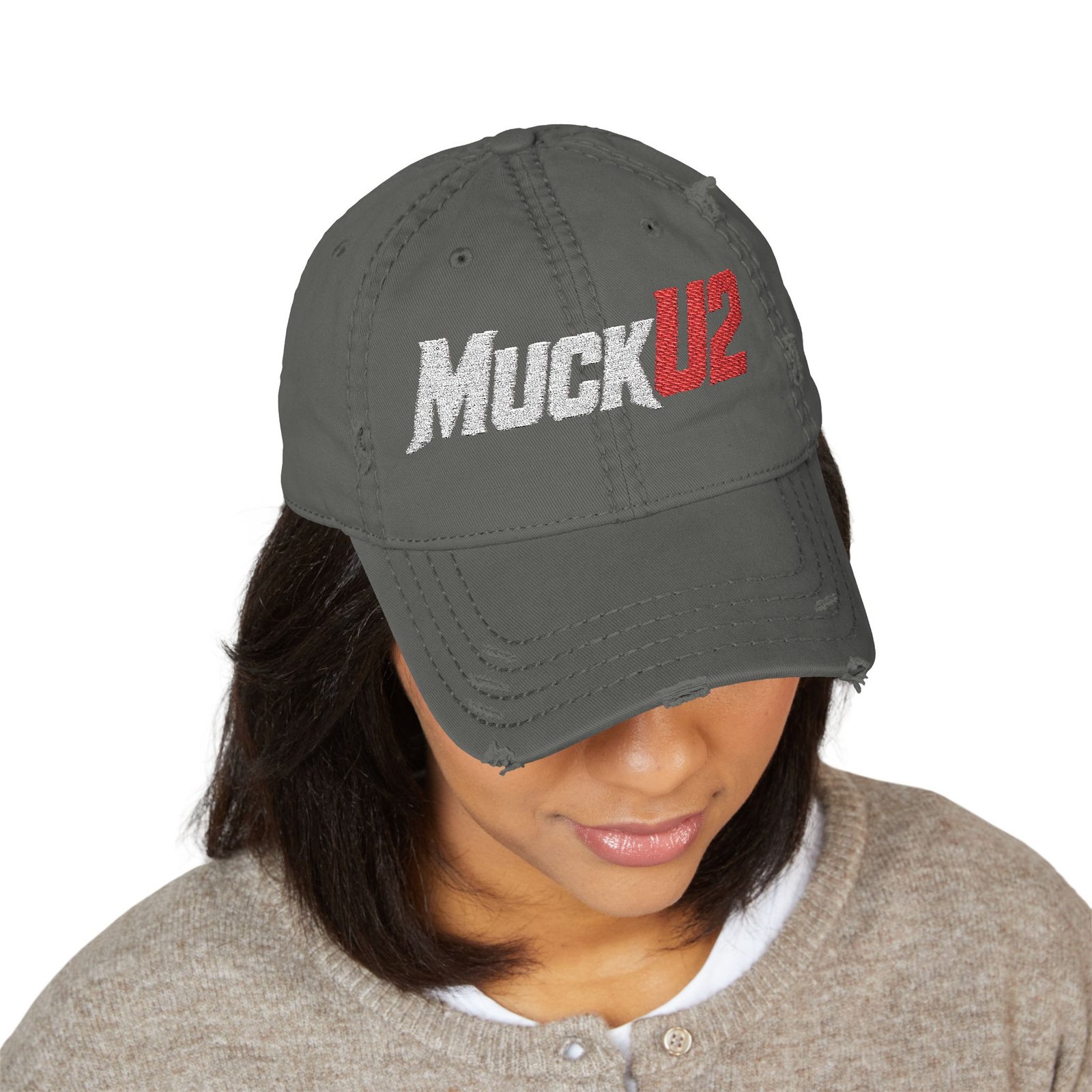 MuckU2 Distressed Dad Hat – White & Red Embroidered Poker Cap