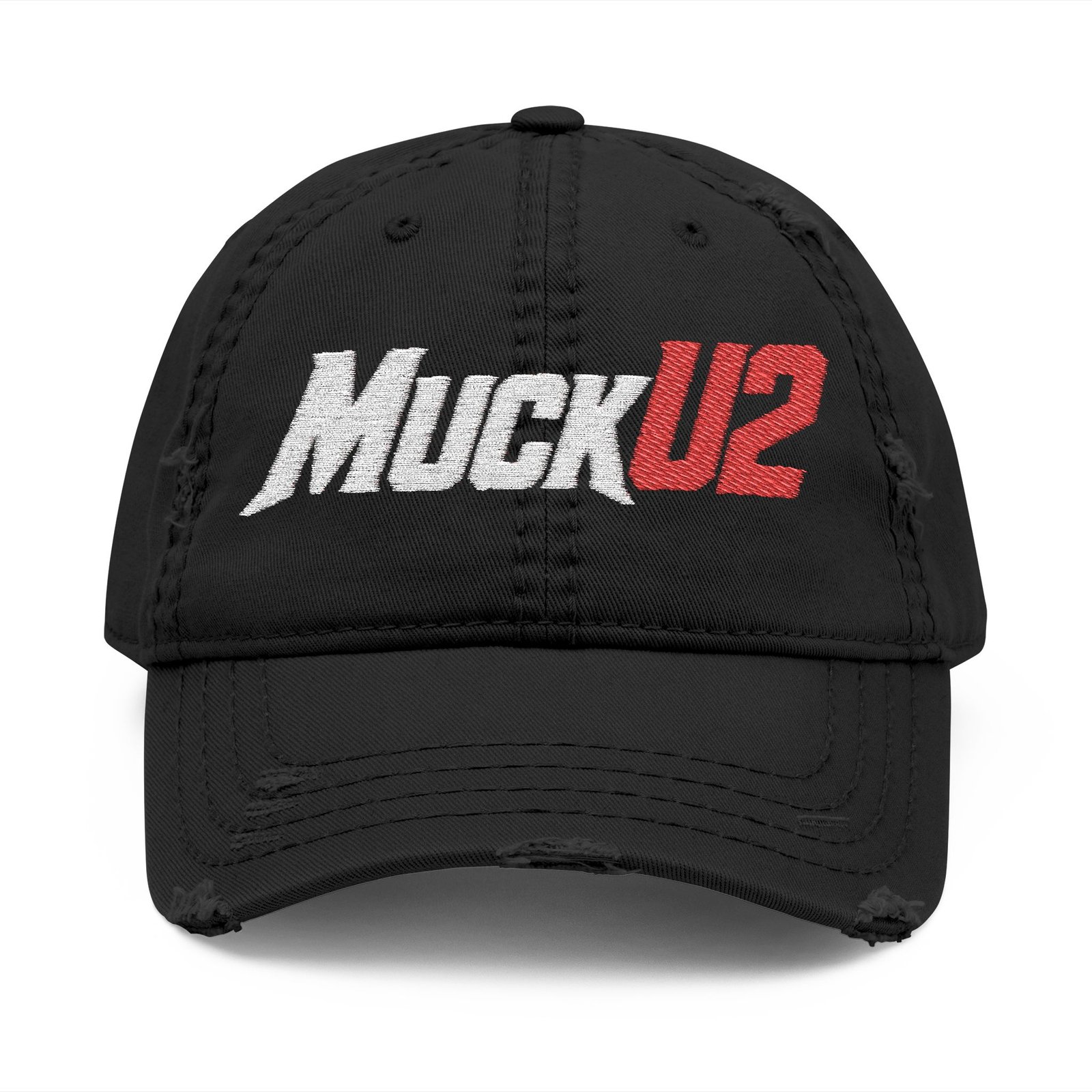 MuckU2 Distressed Dad Hat – White & Red Embroidered Poker Cap