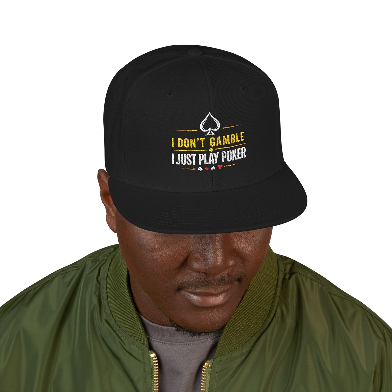 I Don’t Gamble, I Just Play Poker Snapback Cap – Gold & White Logo