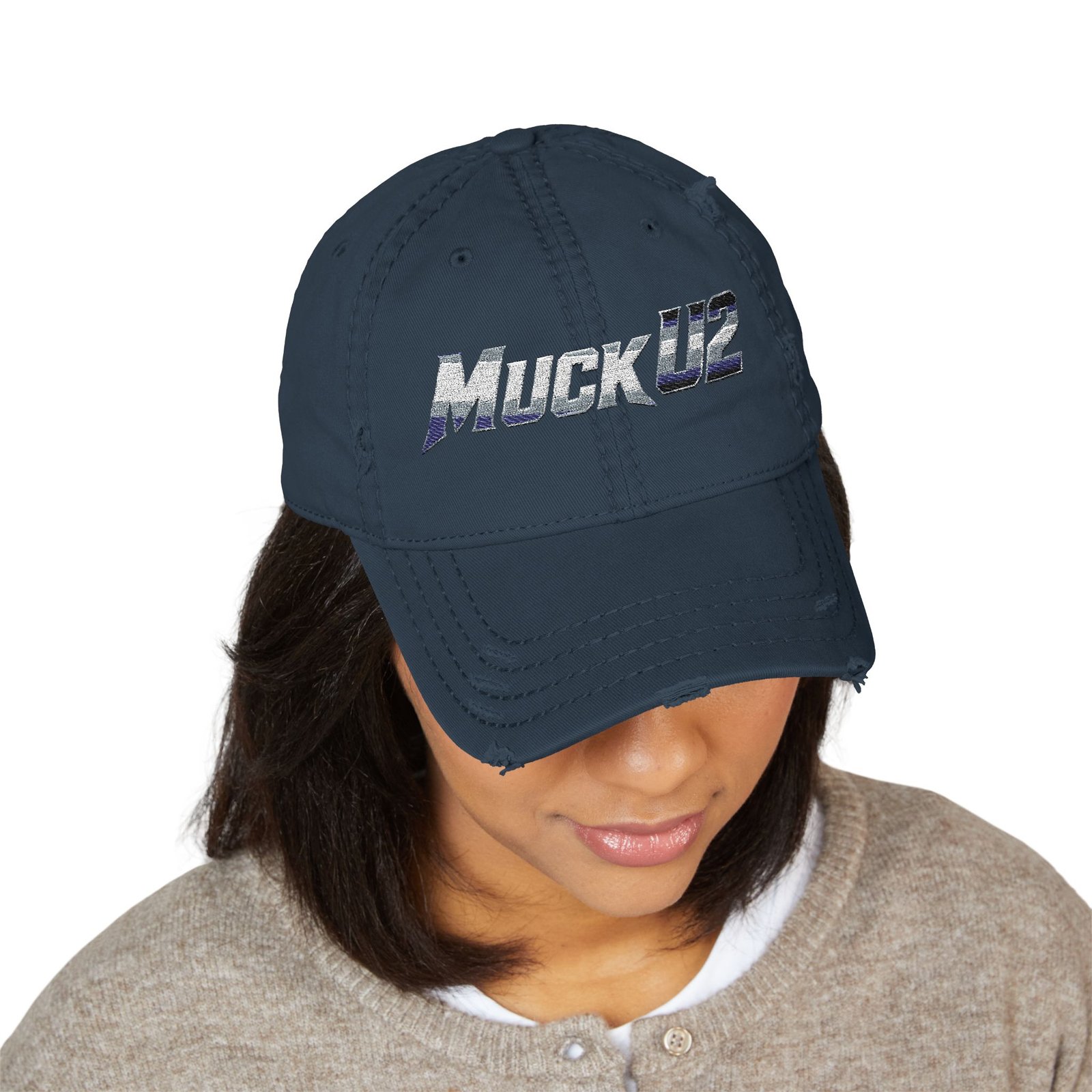MuckU2 Distressed Dad Hat – Silver & Blue Embroidered Poker Cap